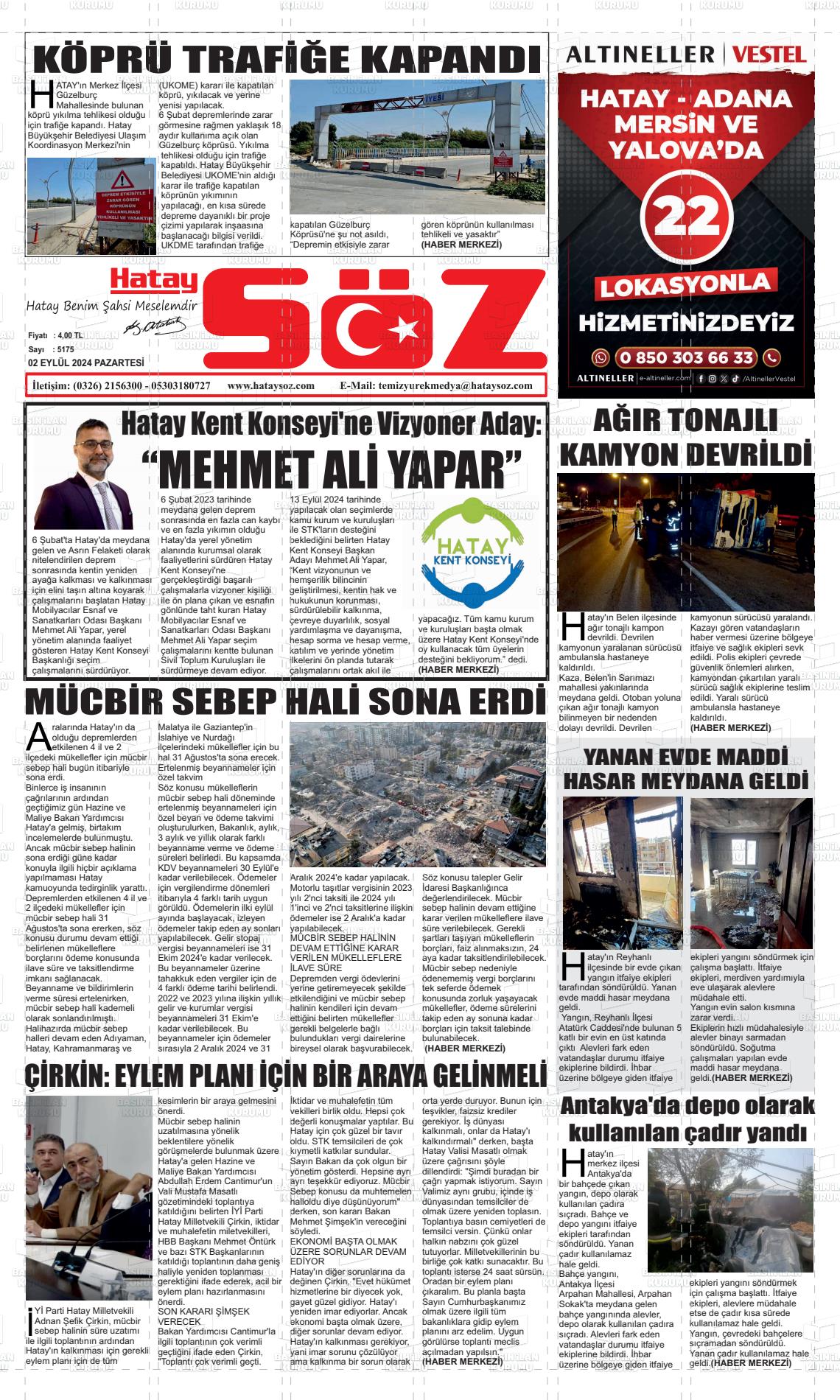 02 Eylül 2024 Hatay Söz Gazete Manşeti