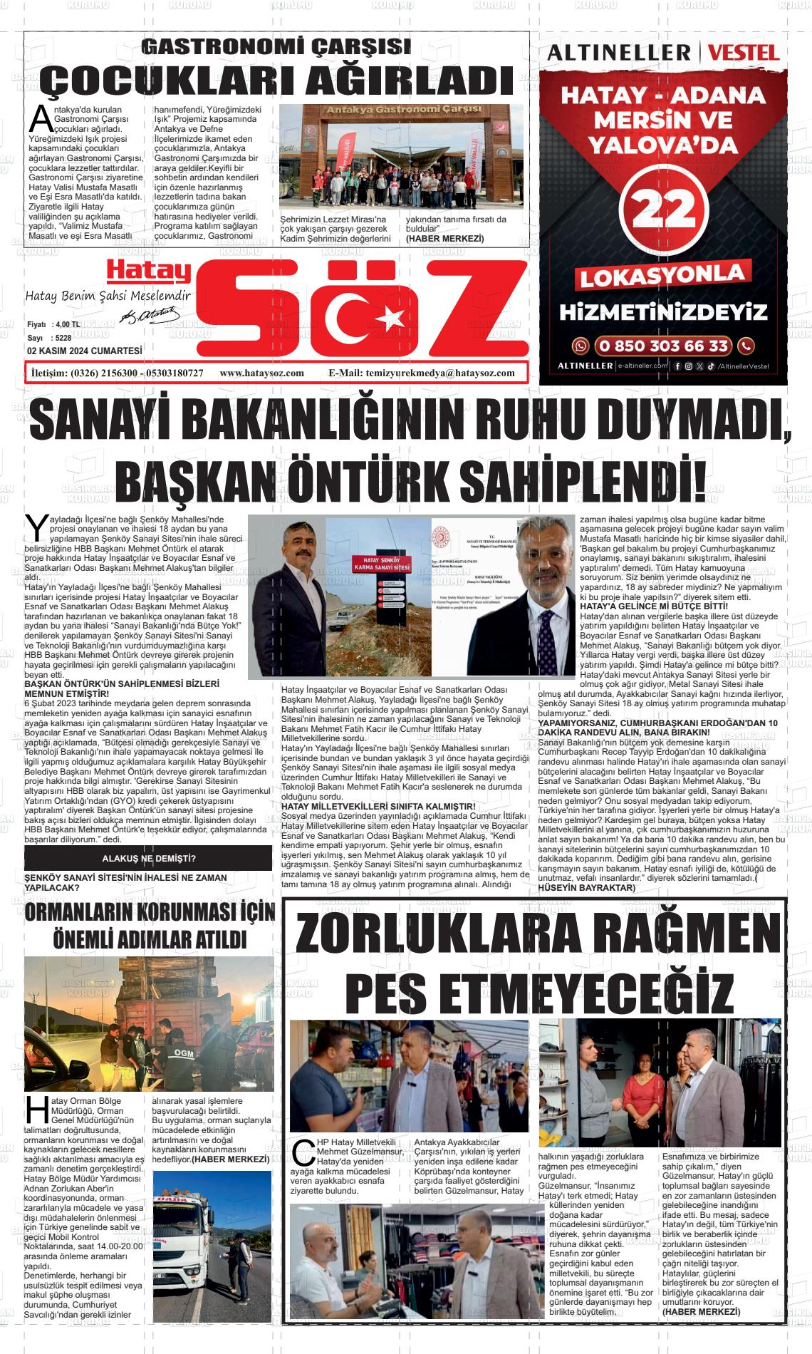 02 Kasım 2024 Hatay Söz Gazete Manşeti