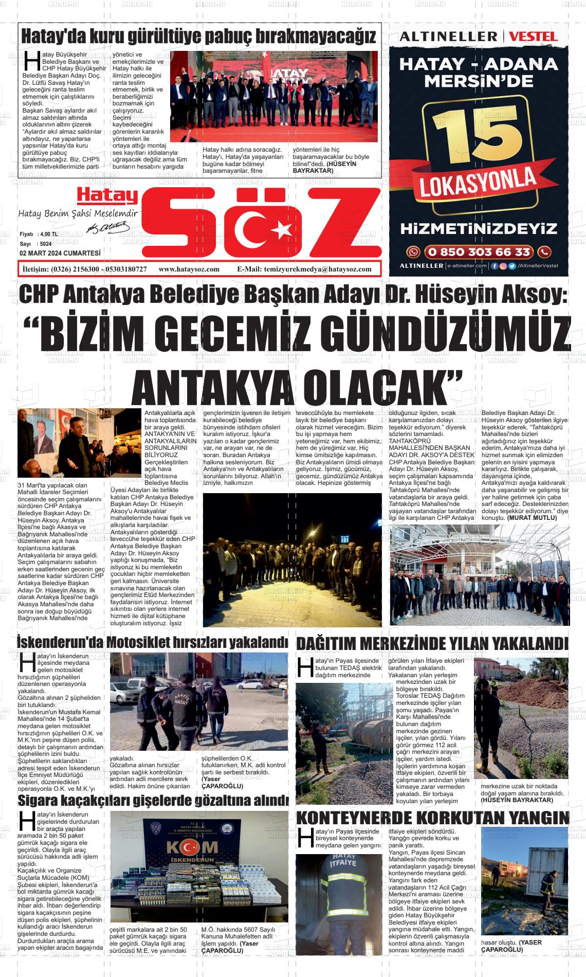 02 Mart 2024 Hatay Söz Gazete Manşeti