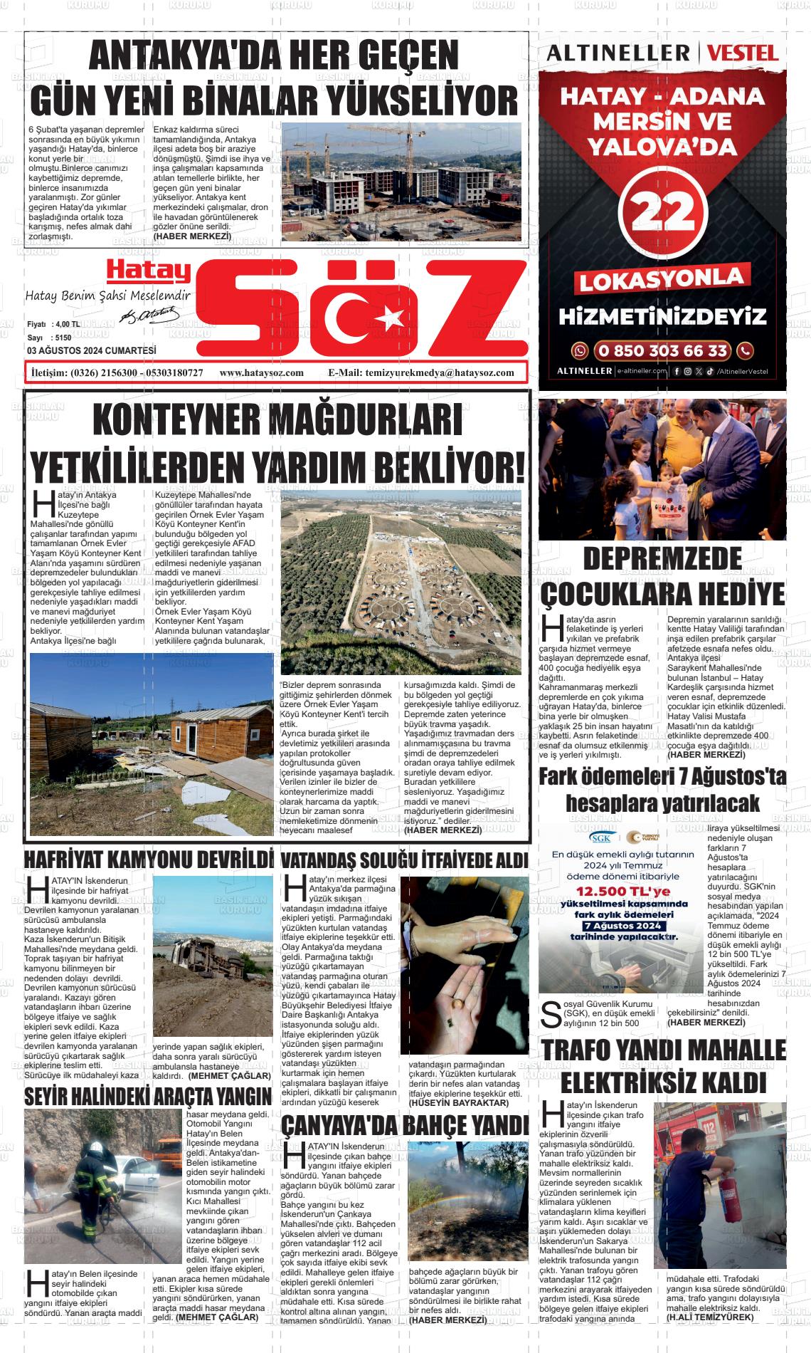 03 Ağustos 2024 Hatay Söz Gazete Manşeti