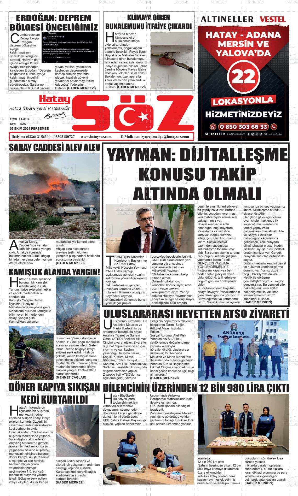 03 Ekim 2024 Hatay Söz Gazete Manşeti