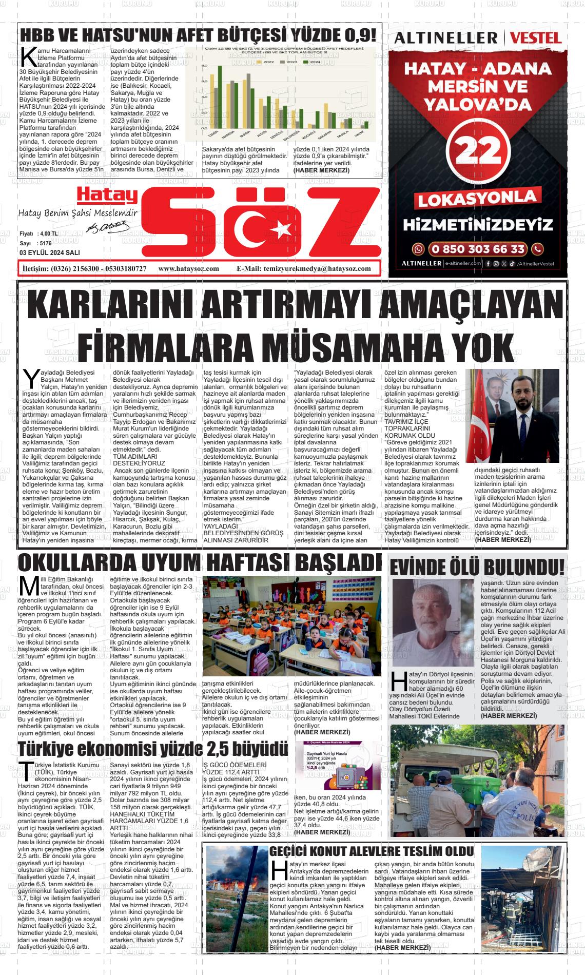 03 Eylül 2024 Hatay Söz Gazete Manşeti