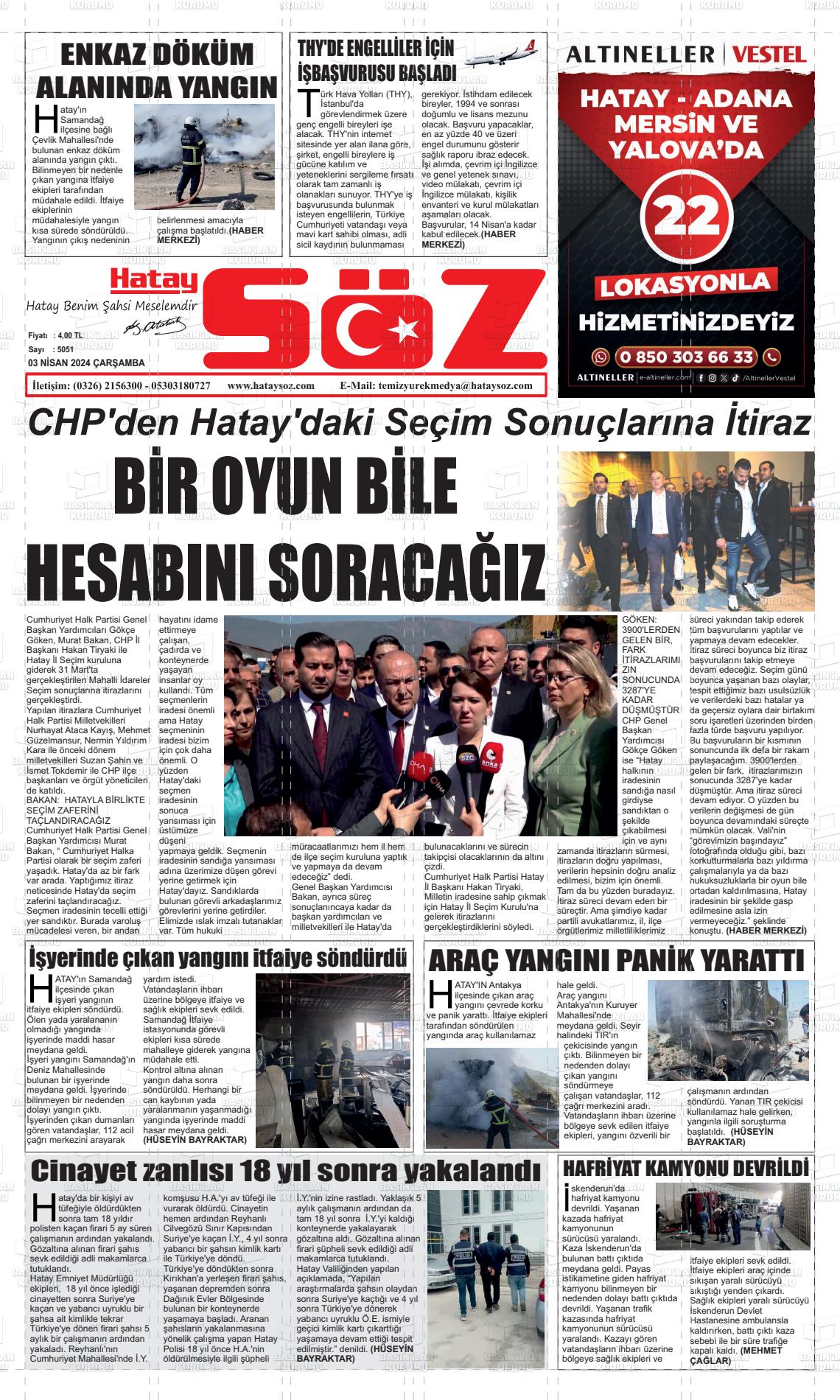 03 Nisan 2024 Hatay Söz Gazete Manşeti