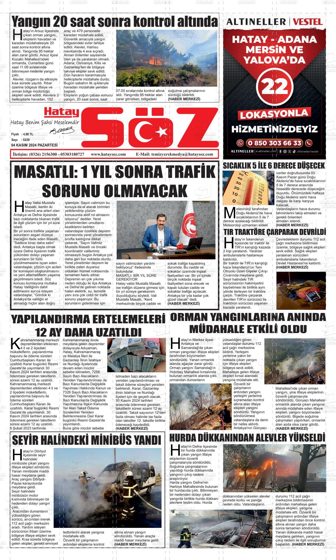 04 Kasım 2024 Hatay Söz Gazete Manşeti