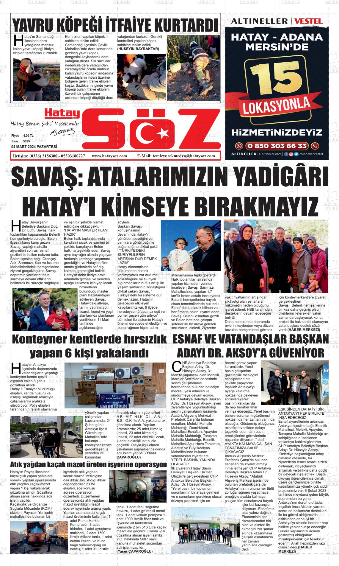 04 Mart 2024 Hatay Söz Gazete Manşeti