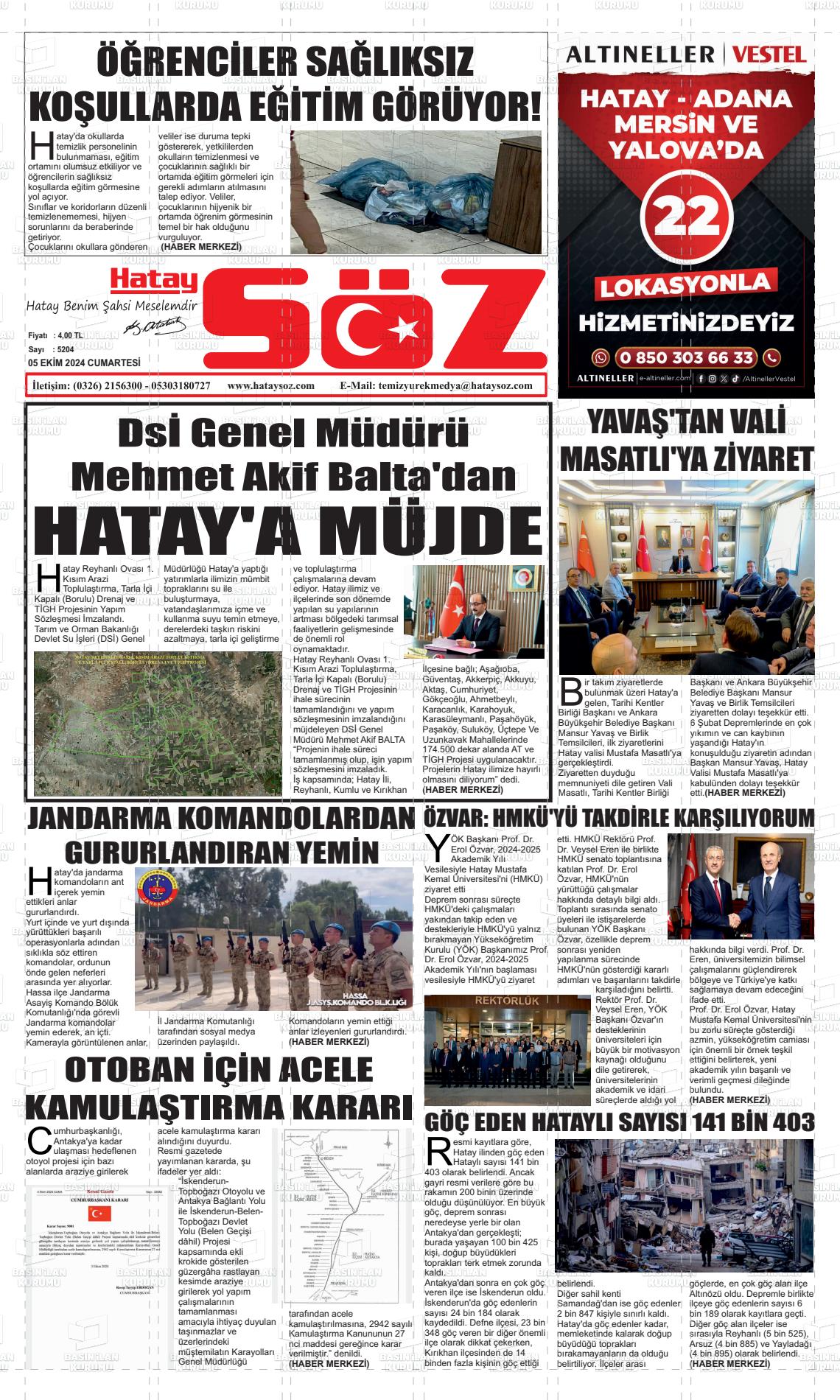 05 Ekim 2024 Hatay Söz Gazete Manşeti