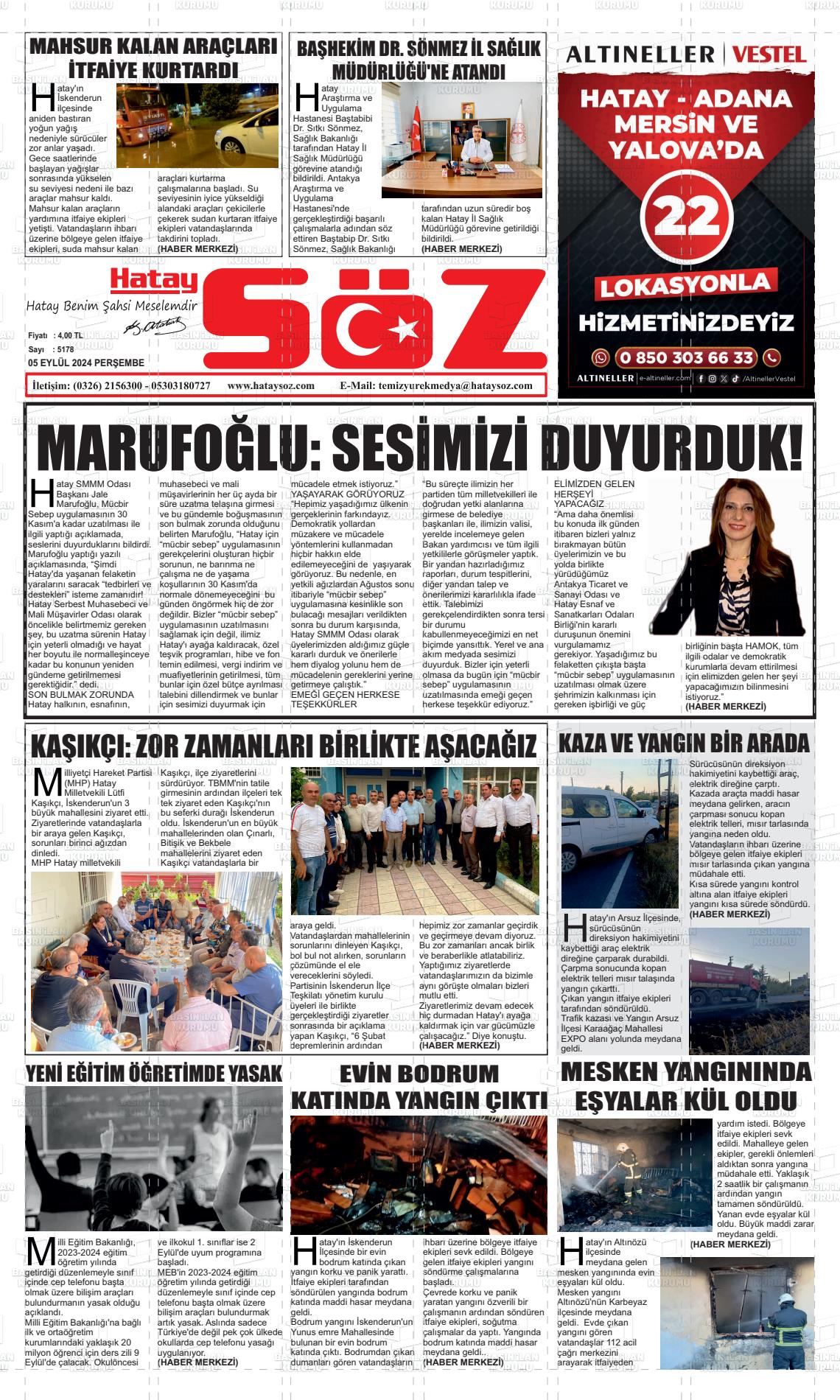 05 Eylül 2024 Hatay Söz Gazete Manşeti