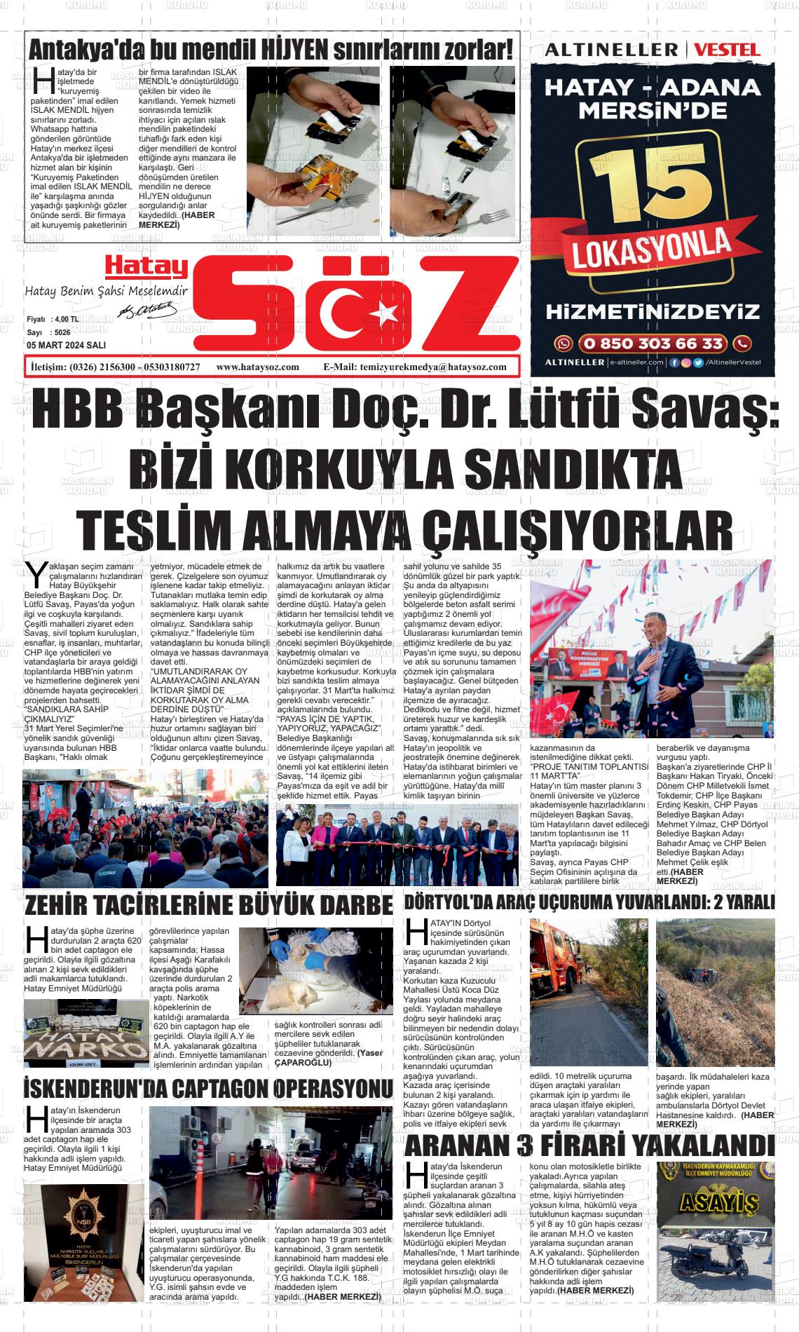 07 Mart 2024 Hatay Söz Gazete Manşeti