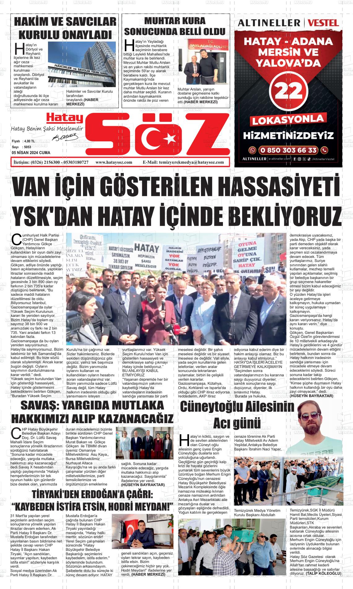 05 Nisan 2024 Hatay Söz Gazete Manşeti