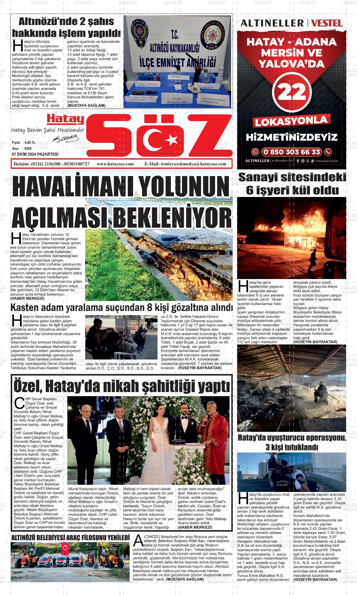 07 Ekim 2024 Hatay Söz Gazete Manşeti