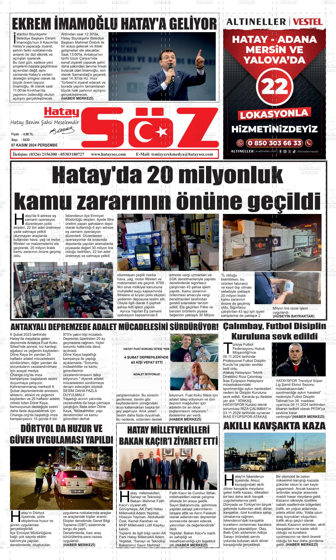 07 Kasım 2024 Hatay Söz Gazete Manşeti