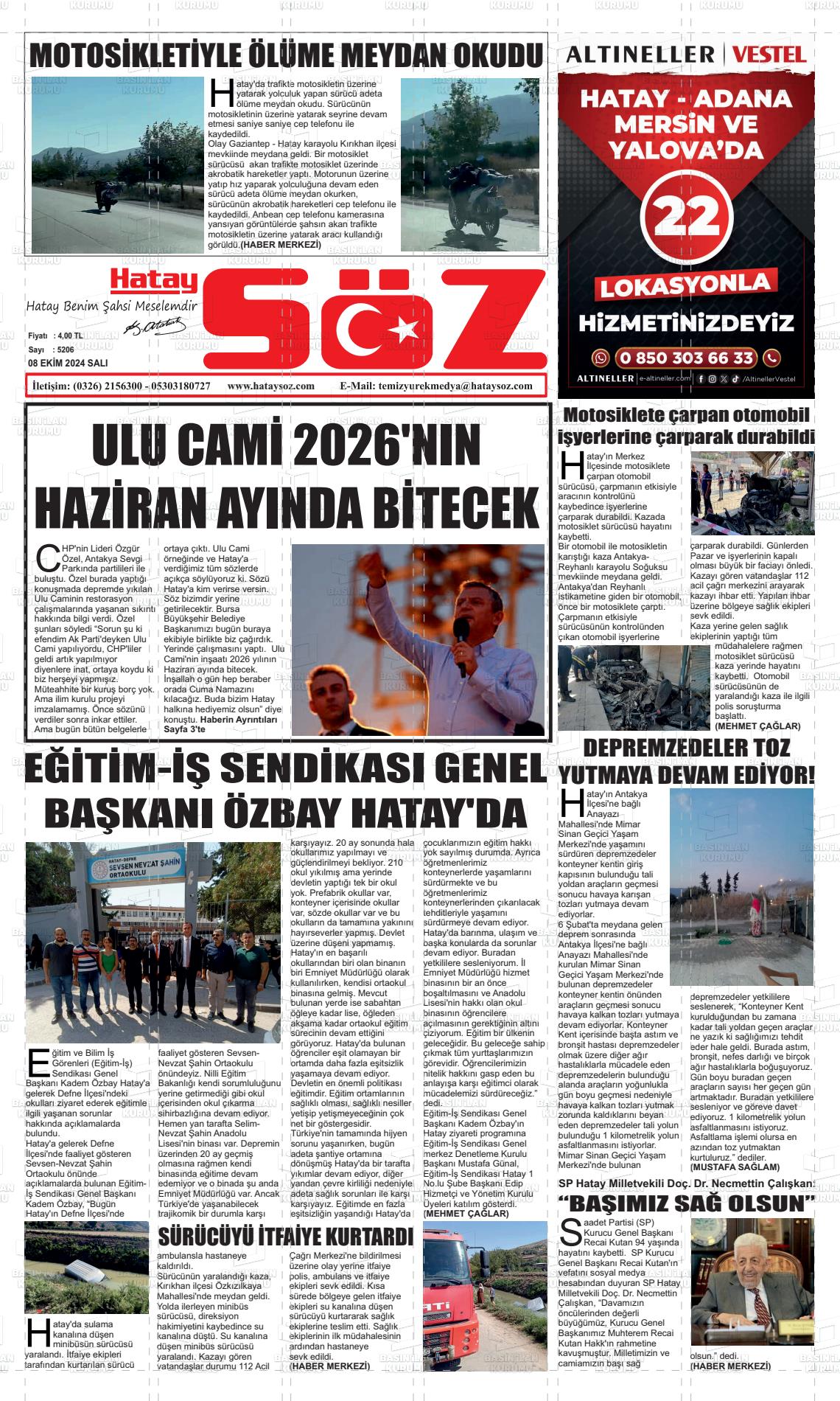 08 Ekim 2024 Hatay Söz Gazete Manşeti