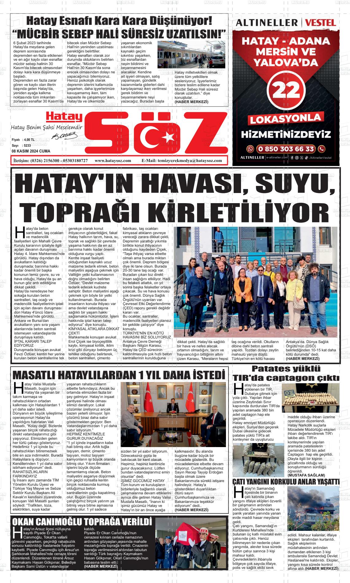 08 Kasım 2024 Hatay Söz Gazete Manşeti