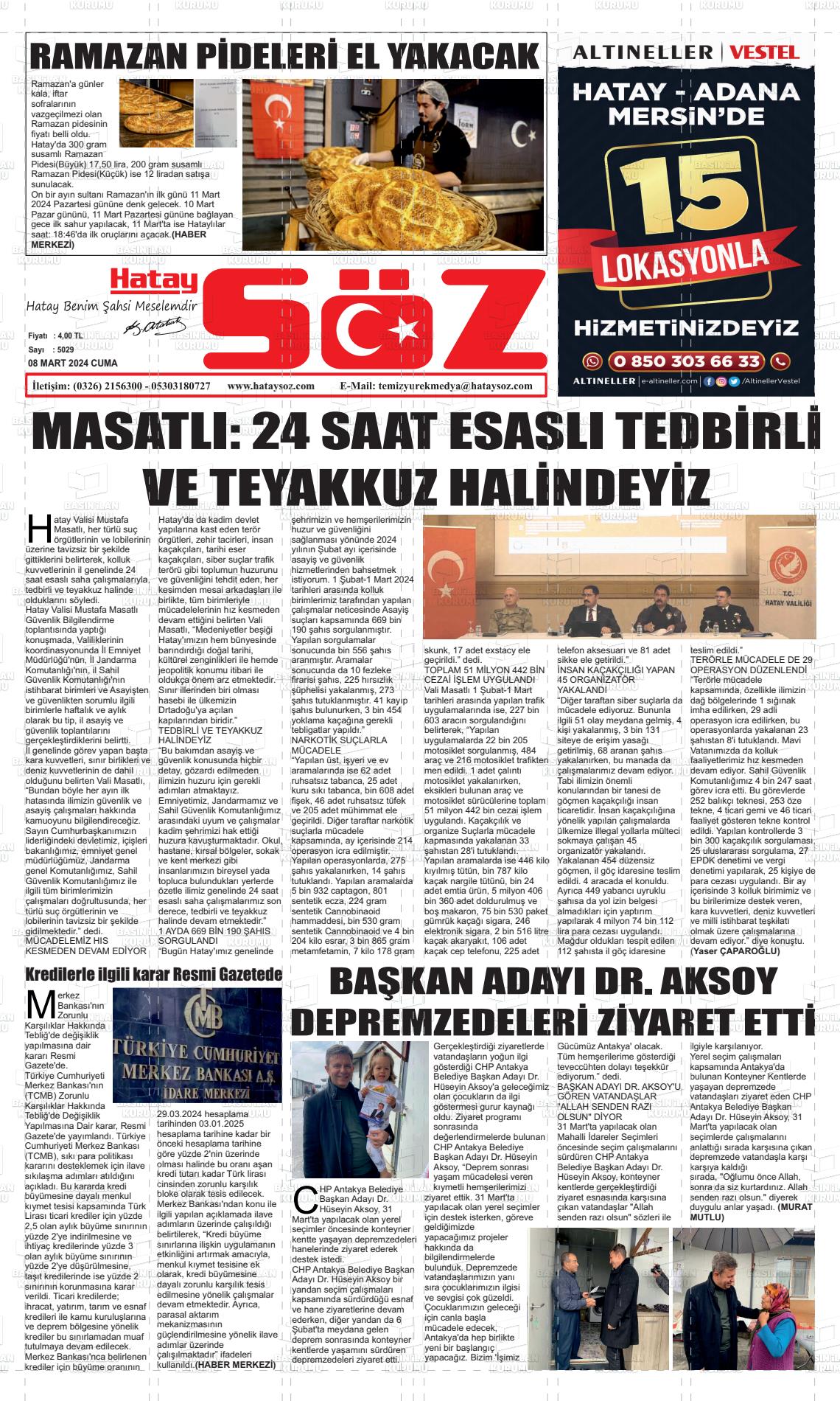 08 Mart 2024 Hatay Söz Gazete Manşeti