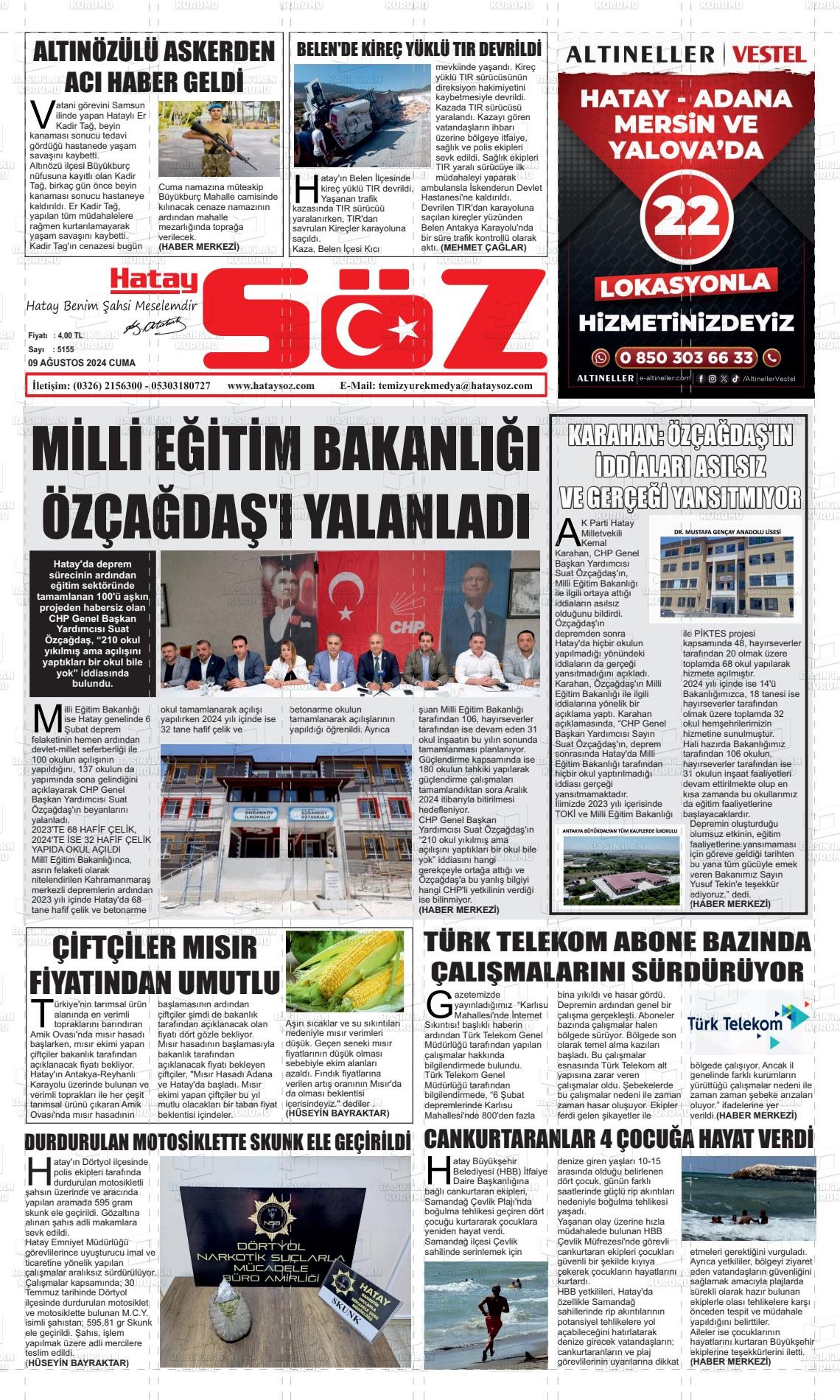 09 Ağustos 2024 Hatay Söz Gazete Manşeti