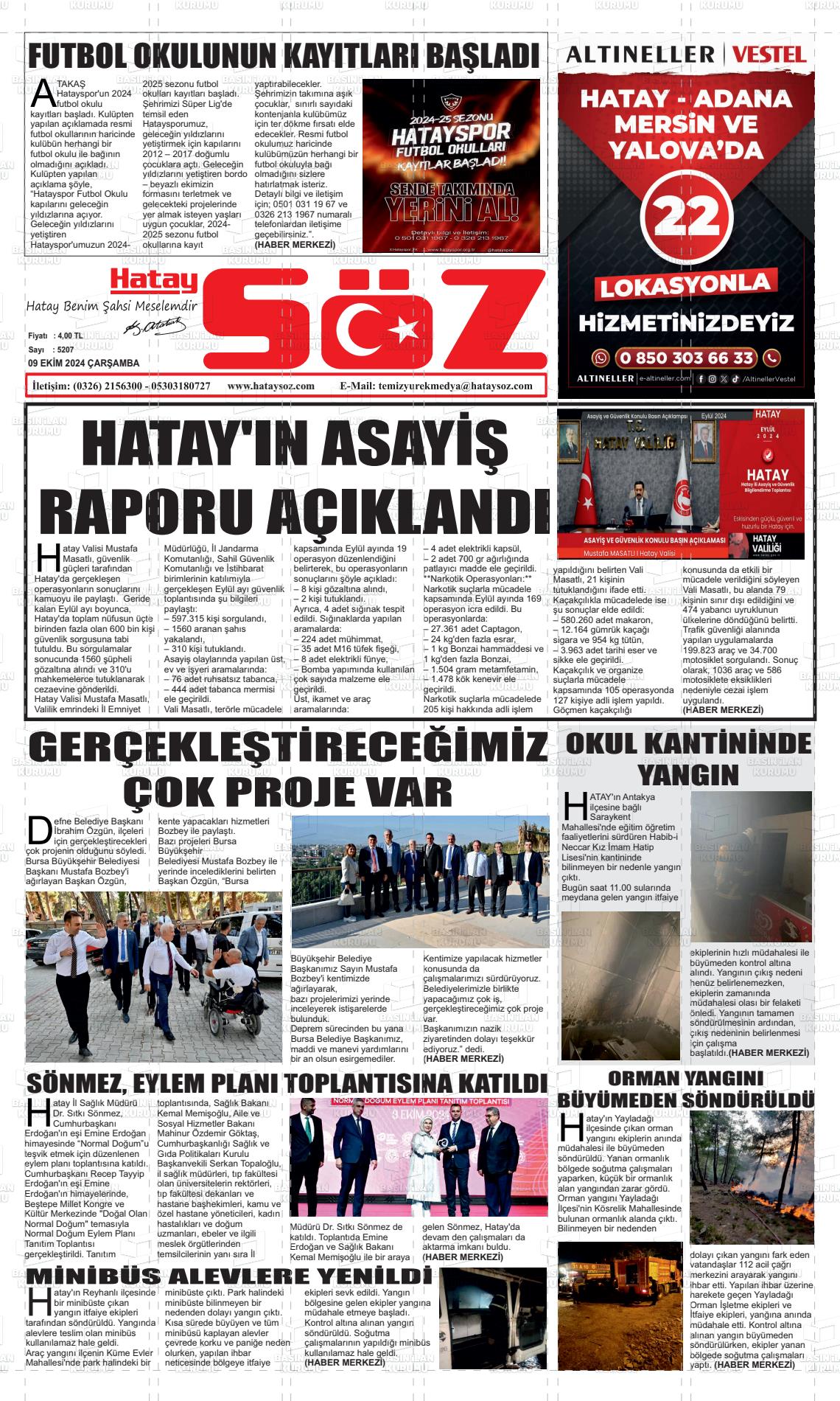 09 Ekim 2024 Hatay Söz Gazete Manşeti