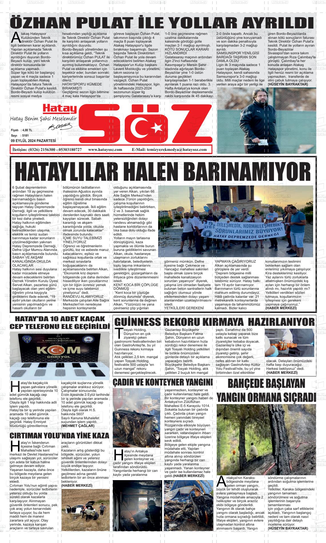 09 Eylül 2024 Hatay Söz Gazete Manşeti