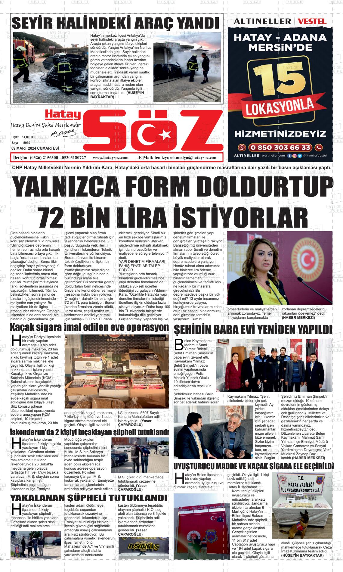 09 Mart 2024 Hatay Söz Gazete Manşeti