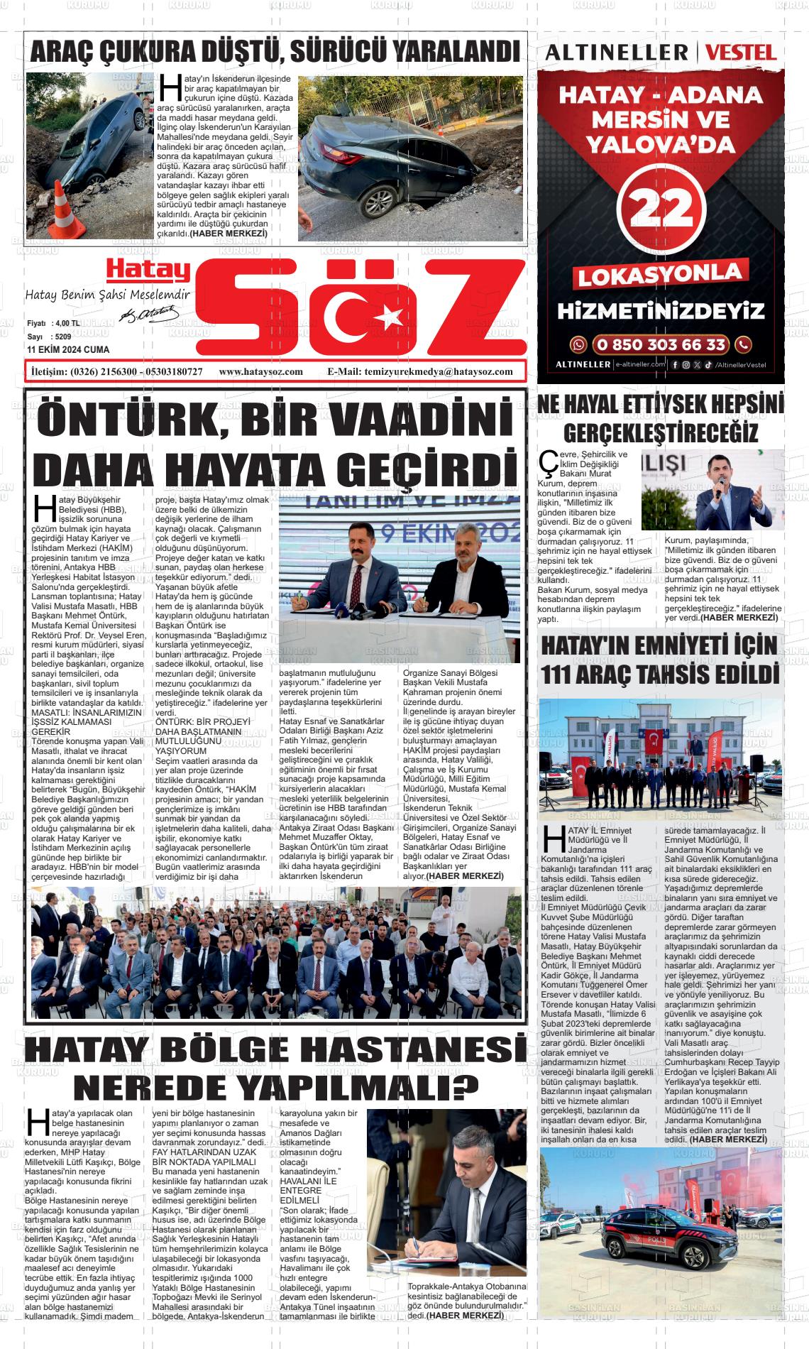 11 Ekim 2024 Hatay Söz Gazete Manşeti