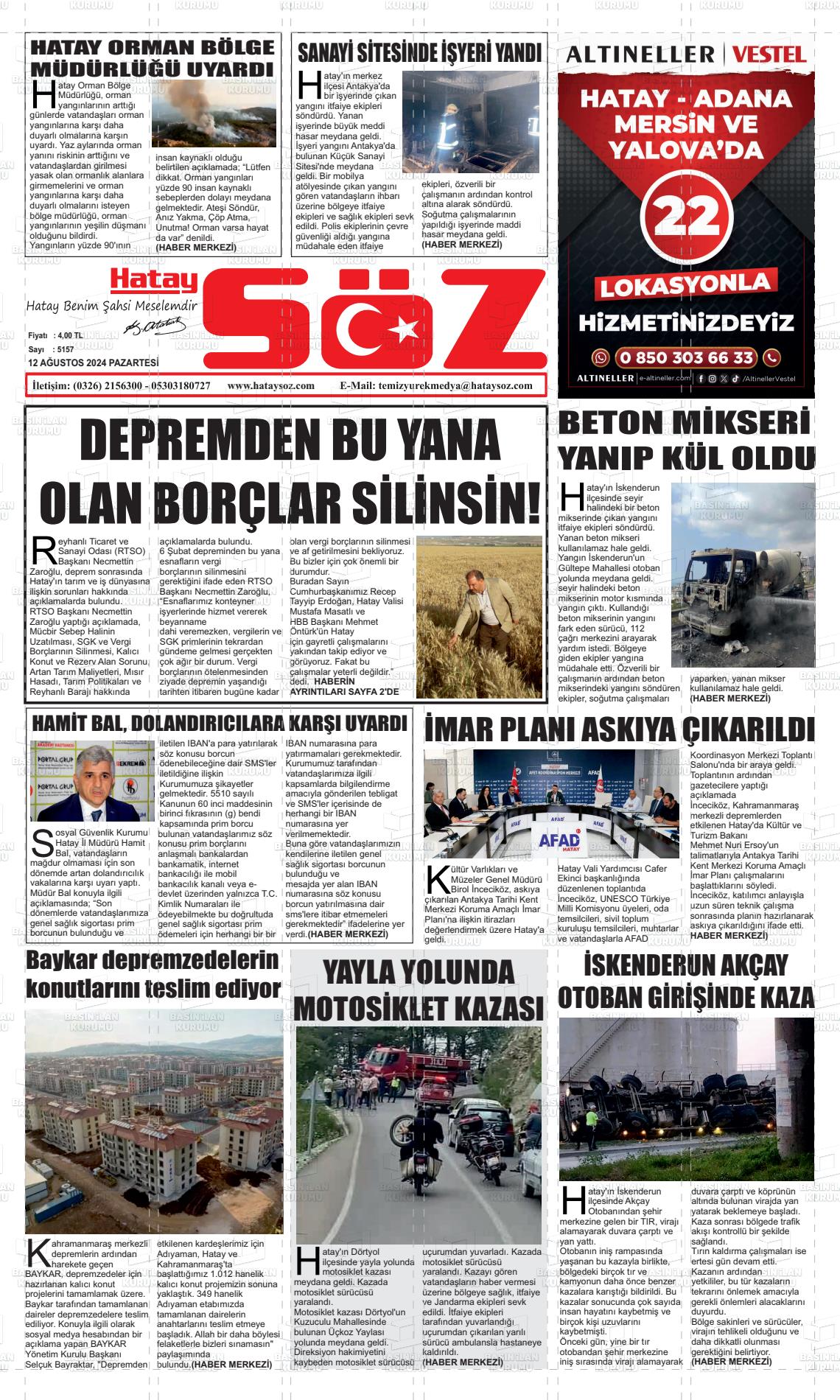 12 Ağustos 2024 Hatay Söz Gazete Manşeti