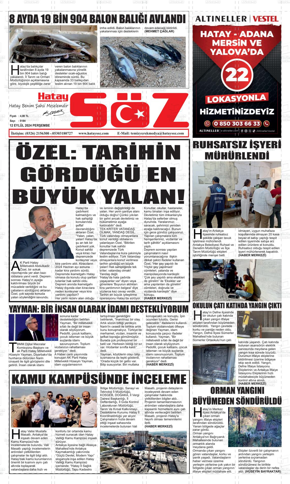 12 Eylül 2024 Hatay Söz Gazete Manşeti