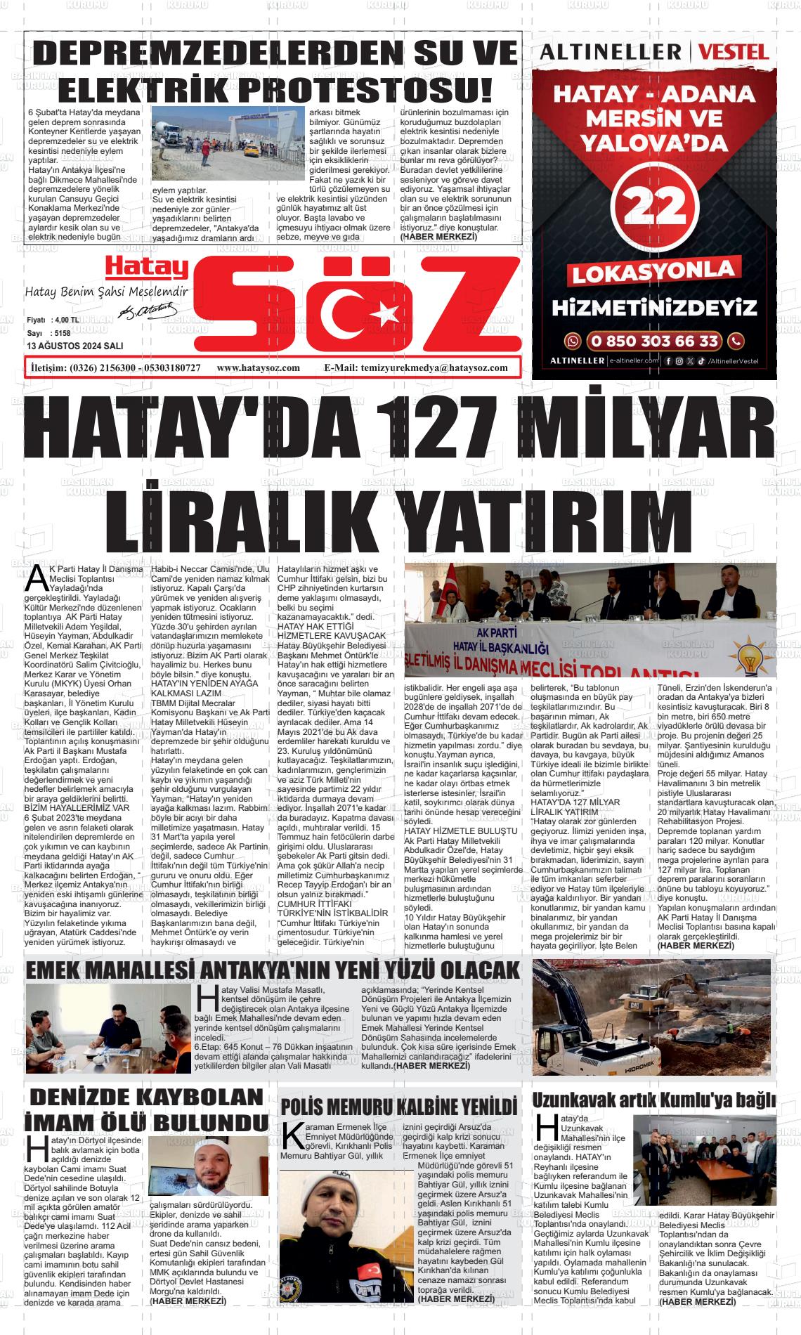 13 Ağustos 2024 Hatay Söz Gazete Manşeti