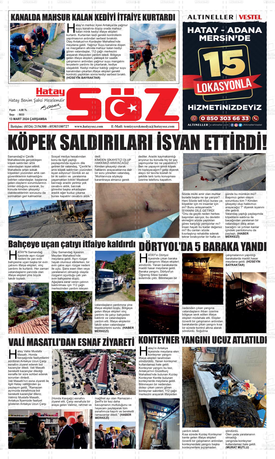 13 Mart 2024 Hatay Söz Gazete Manşeti