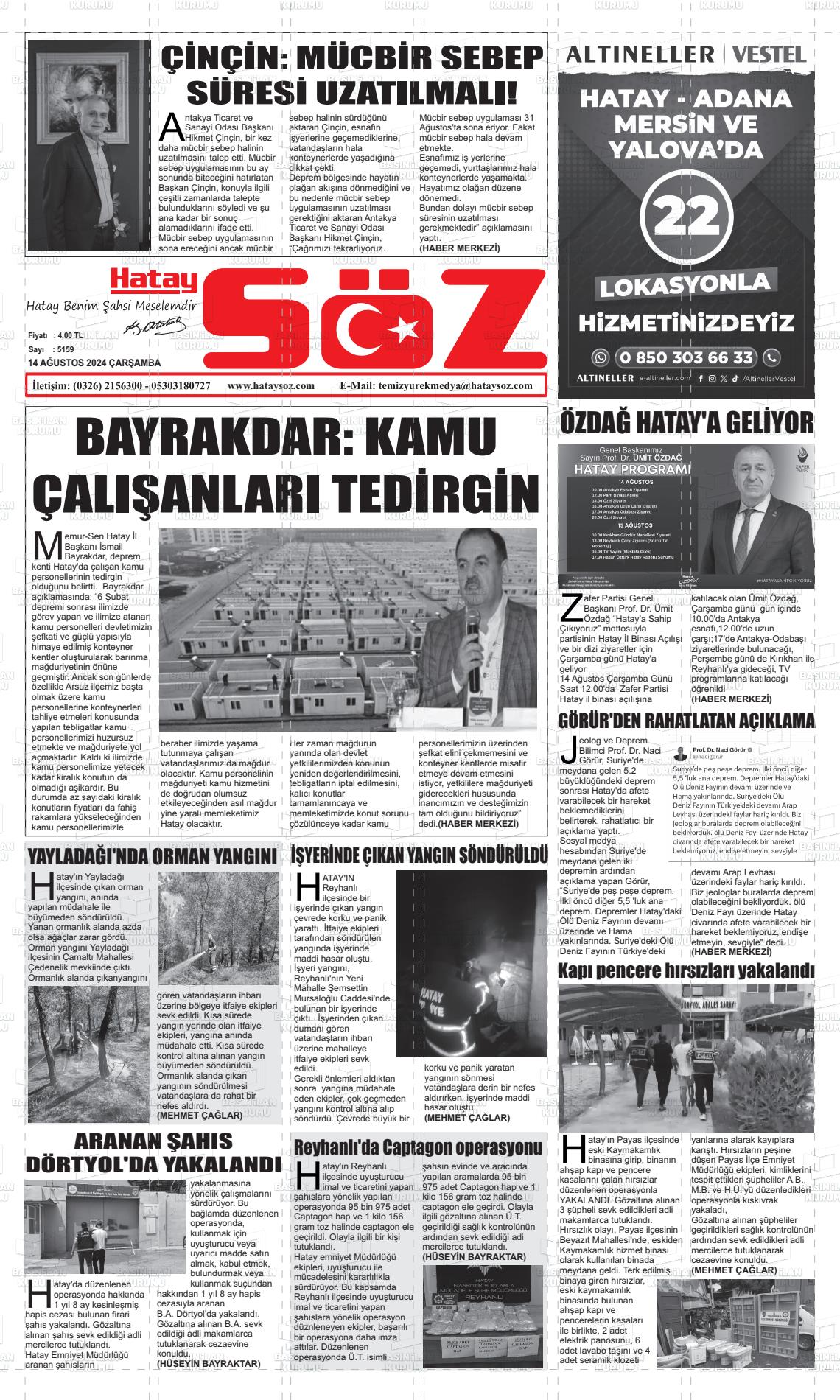 14 Ağustos 2024 Hatay Söz Gazete Manşeti