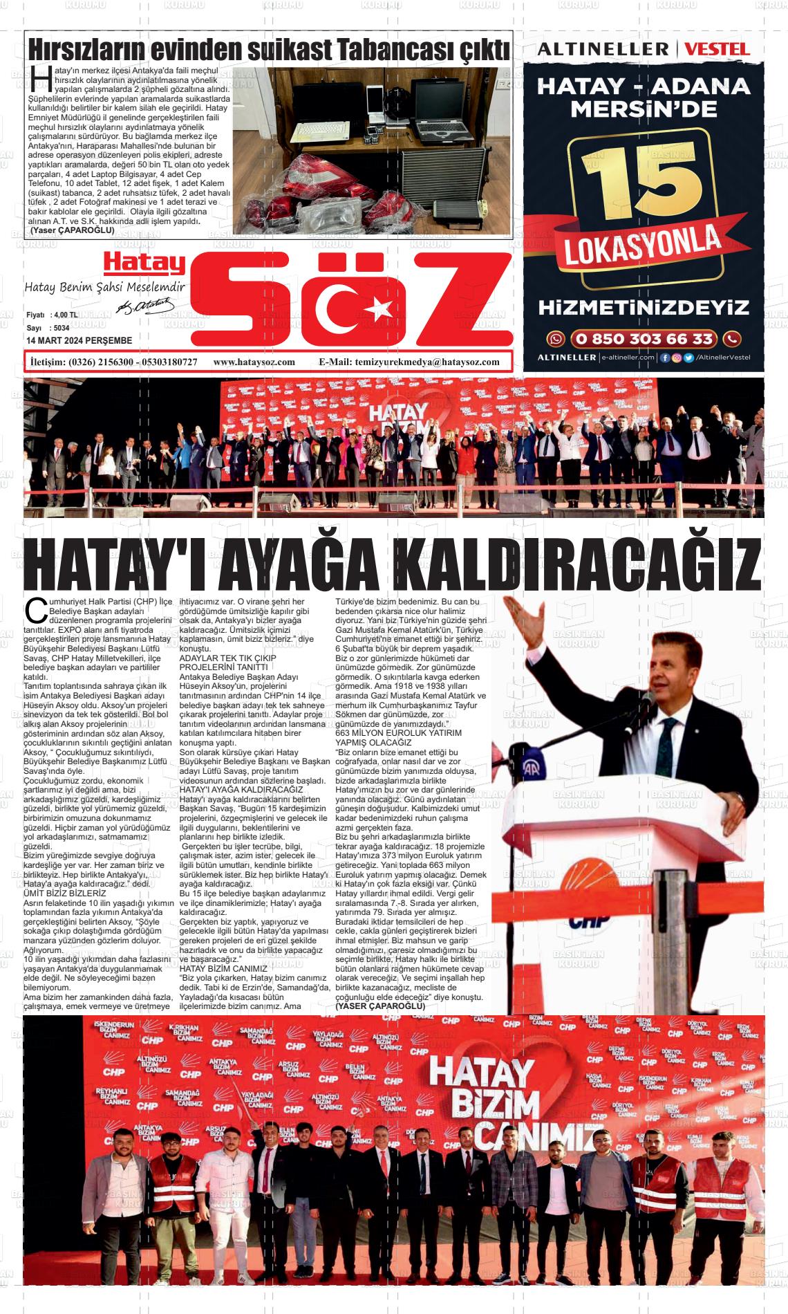 14 Mart 2024 Hatay Söz Gazete Manşeti