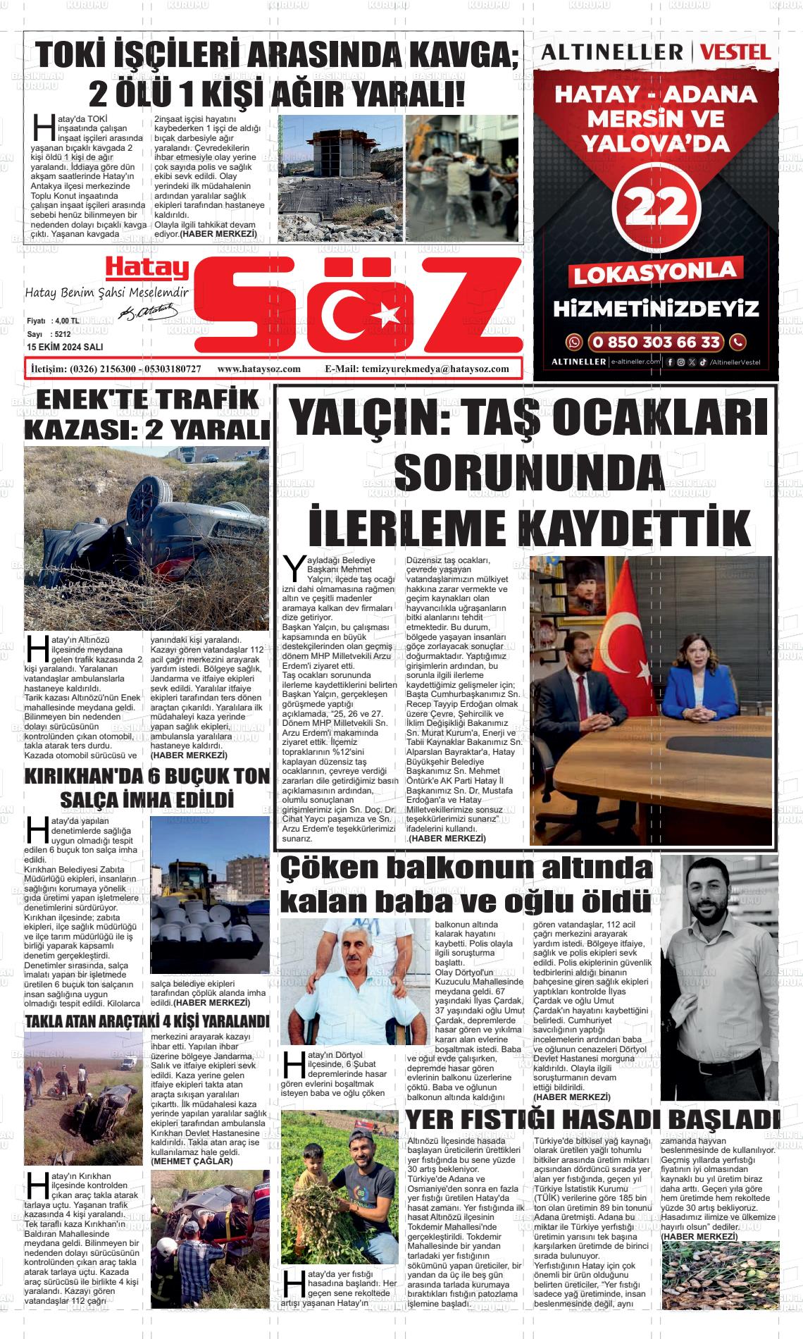 15 Ekim 2024 Hatay Söz Gazete Manşeti