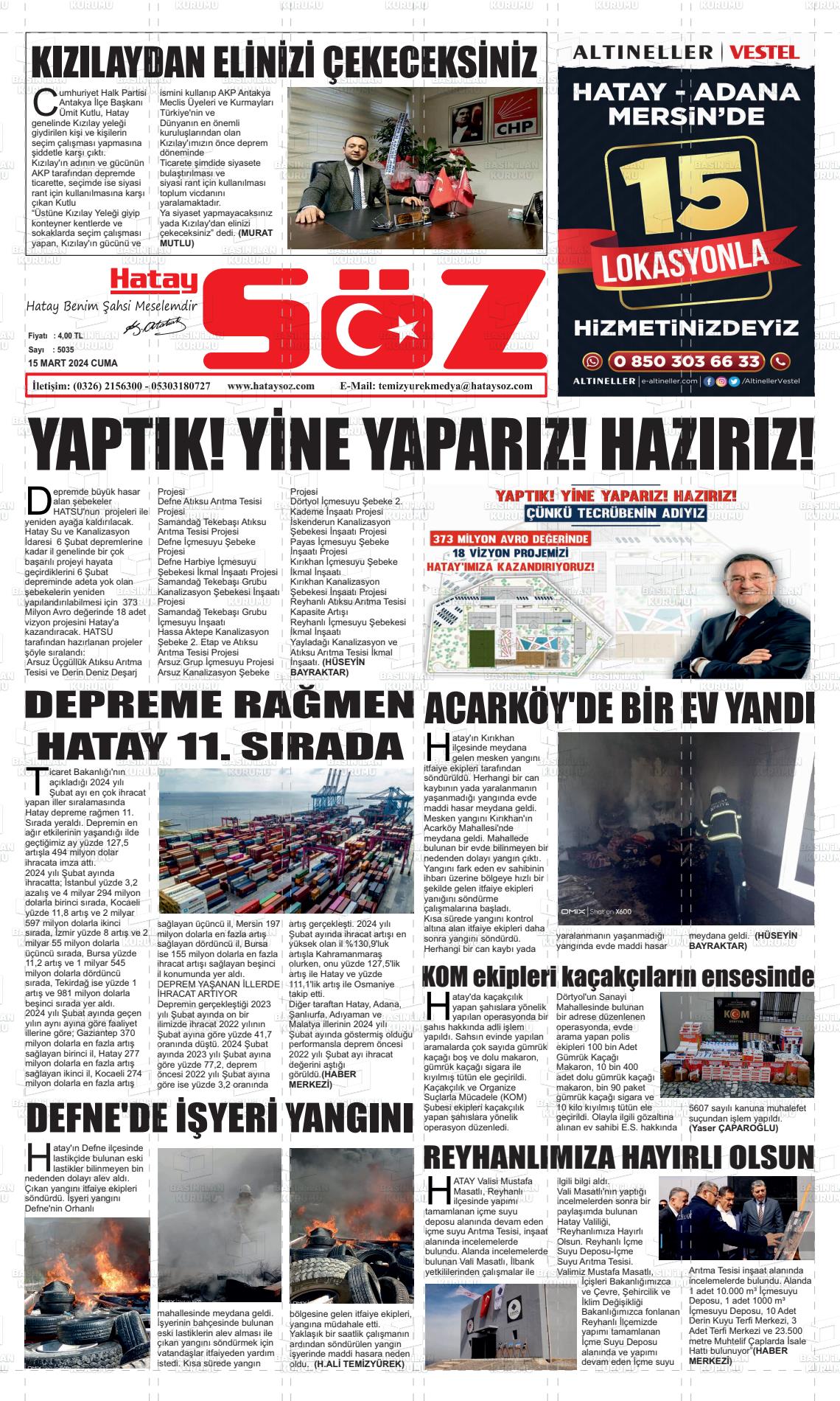 15 Mart 2024 Hatay Söz Gazete Manşeti