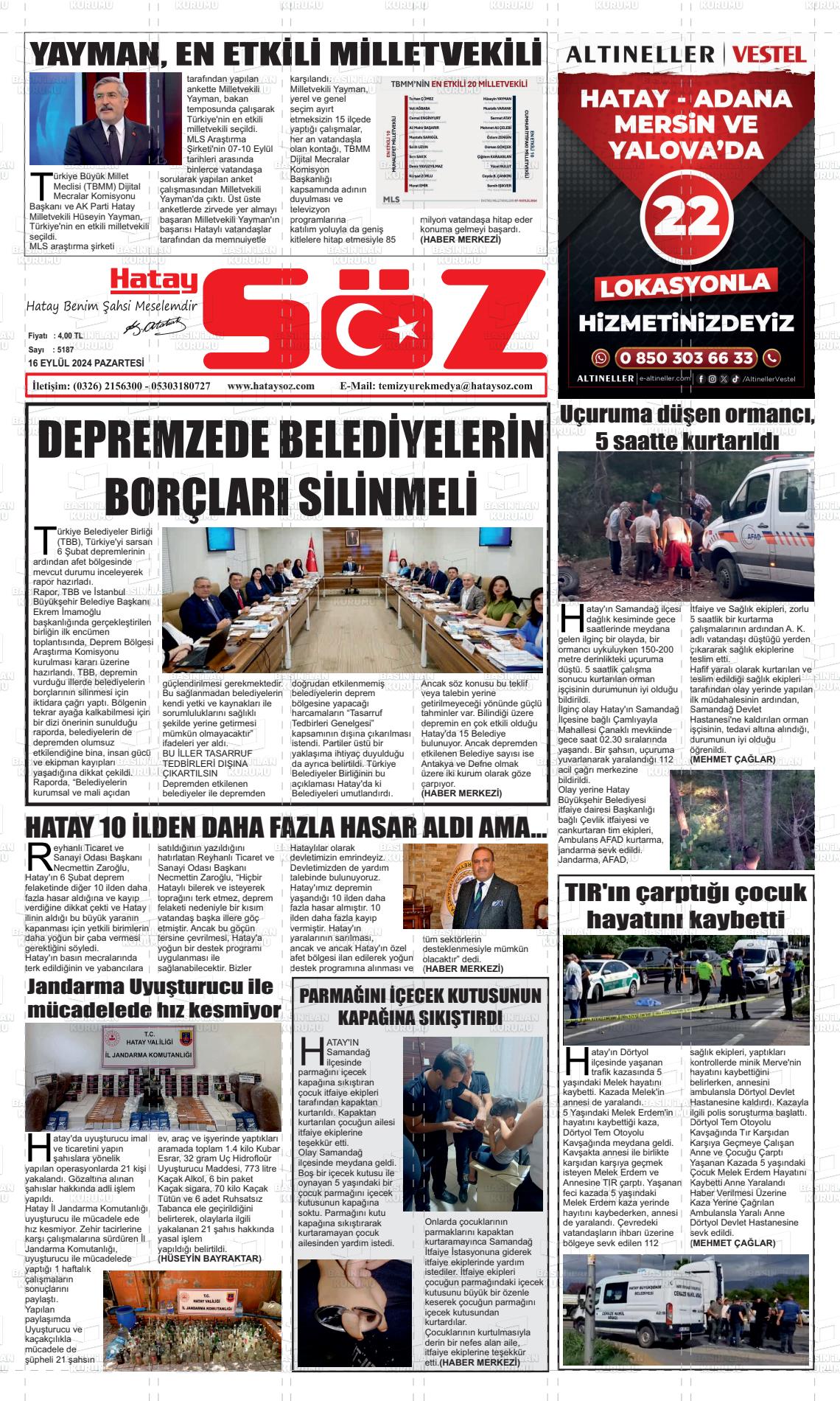 16 Eylül 2024 Hatay Söz Gazete Manşeti