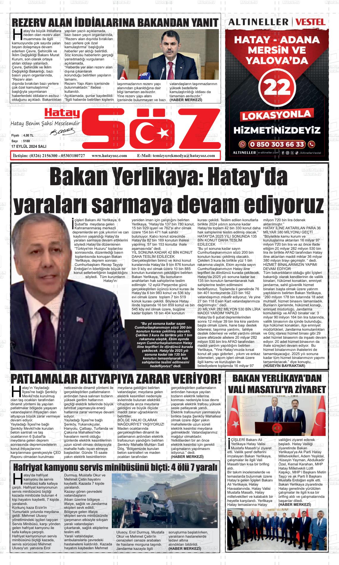 17 Eylül 2024 Hatay Söz Gazete Manşeti