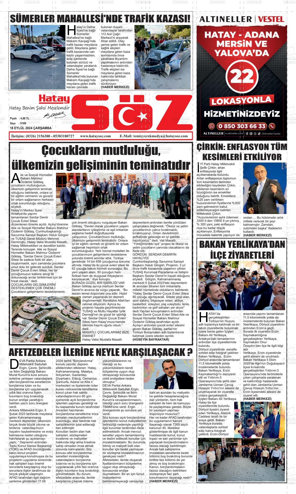 18 Eylül 2024 Hatay Söz Gazete Manşeti