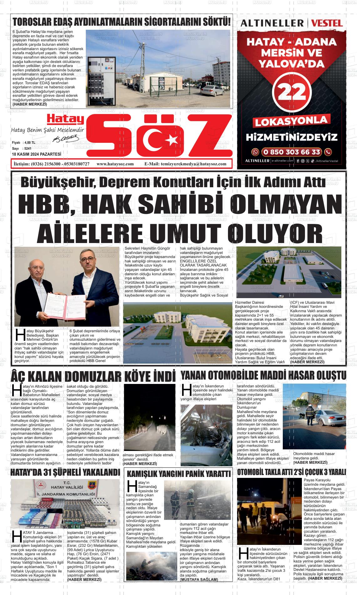 18 Kasım 2024 Hatay Söz Gazete Manşeti