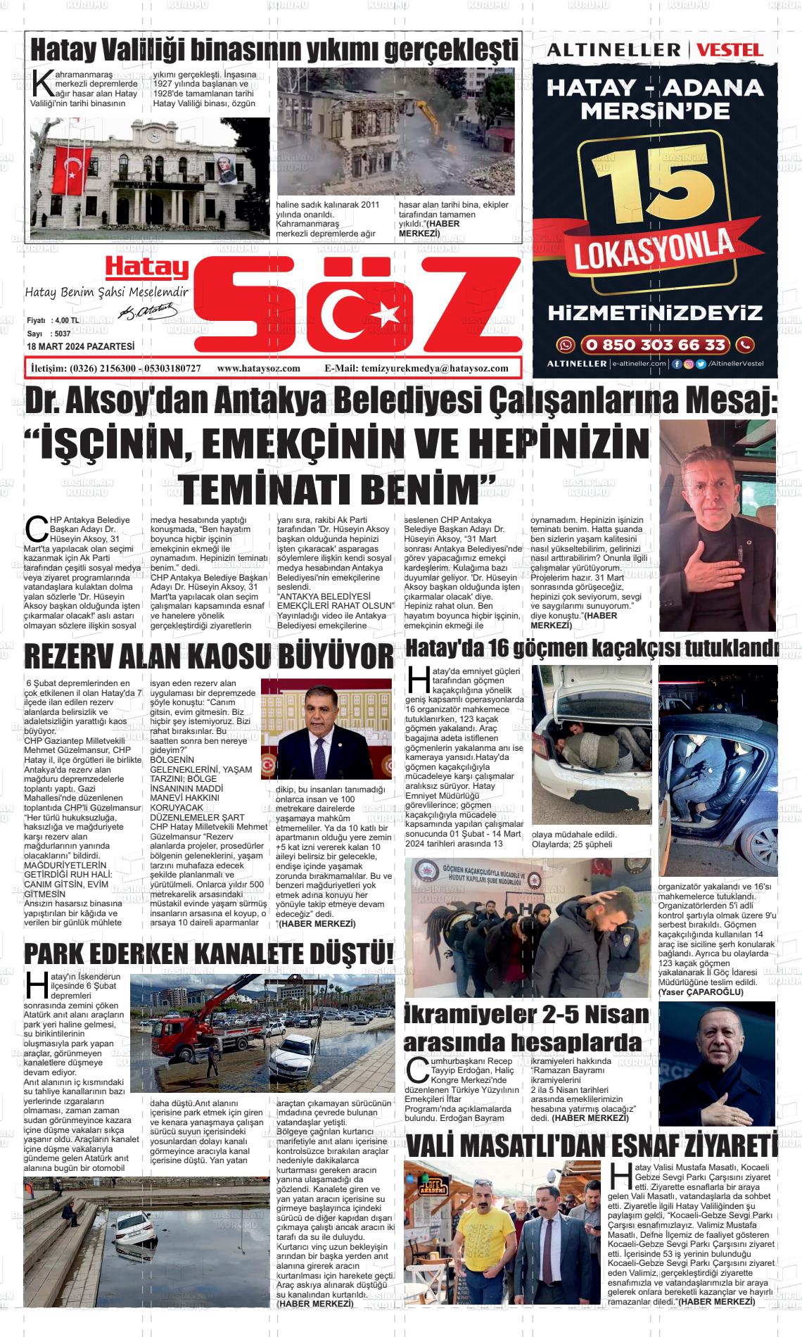 18 Mart 2024 Hatay Söz Gazete Manşeti