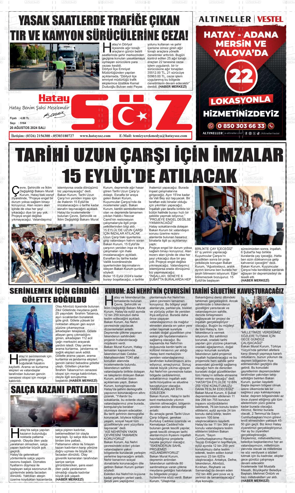 20 Ağustos 2024 Hatay Söz Gazete Manşeti