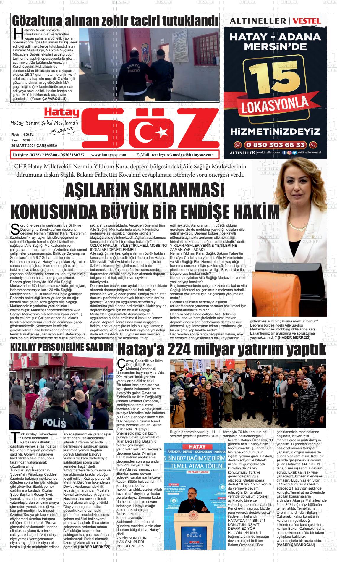 20 Mart 2024 Hatay Söz Gazete Manşeti