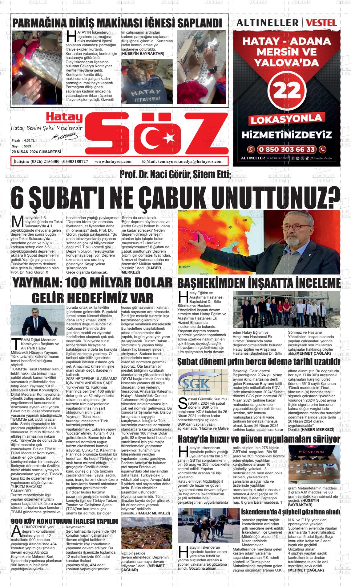 20 Nisan 2024 Hatay Söz Gazete Manşeti