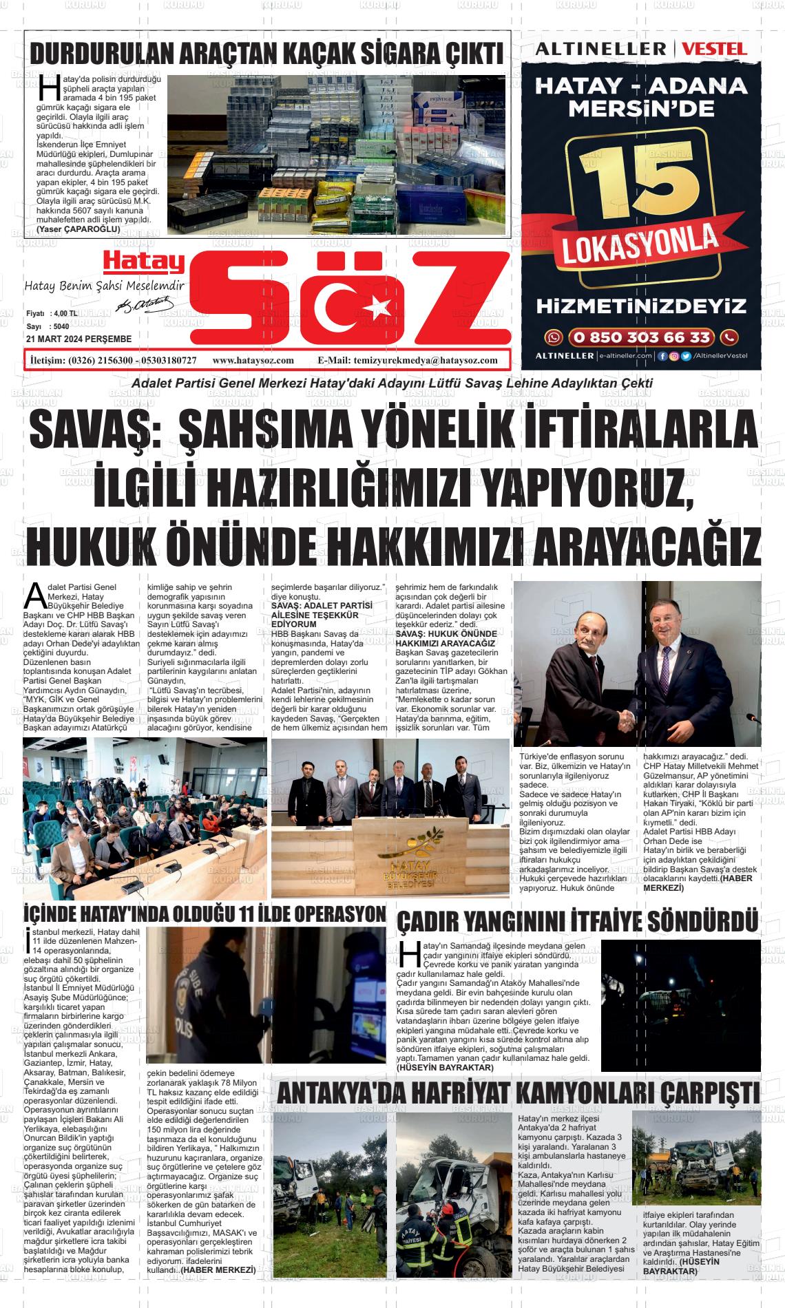 21 Mart 2024 Hatay Söz Gazete Manşeti