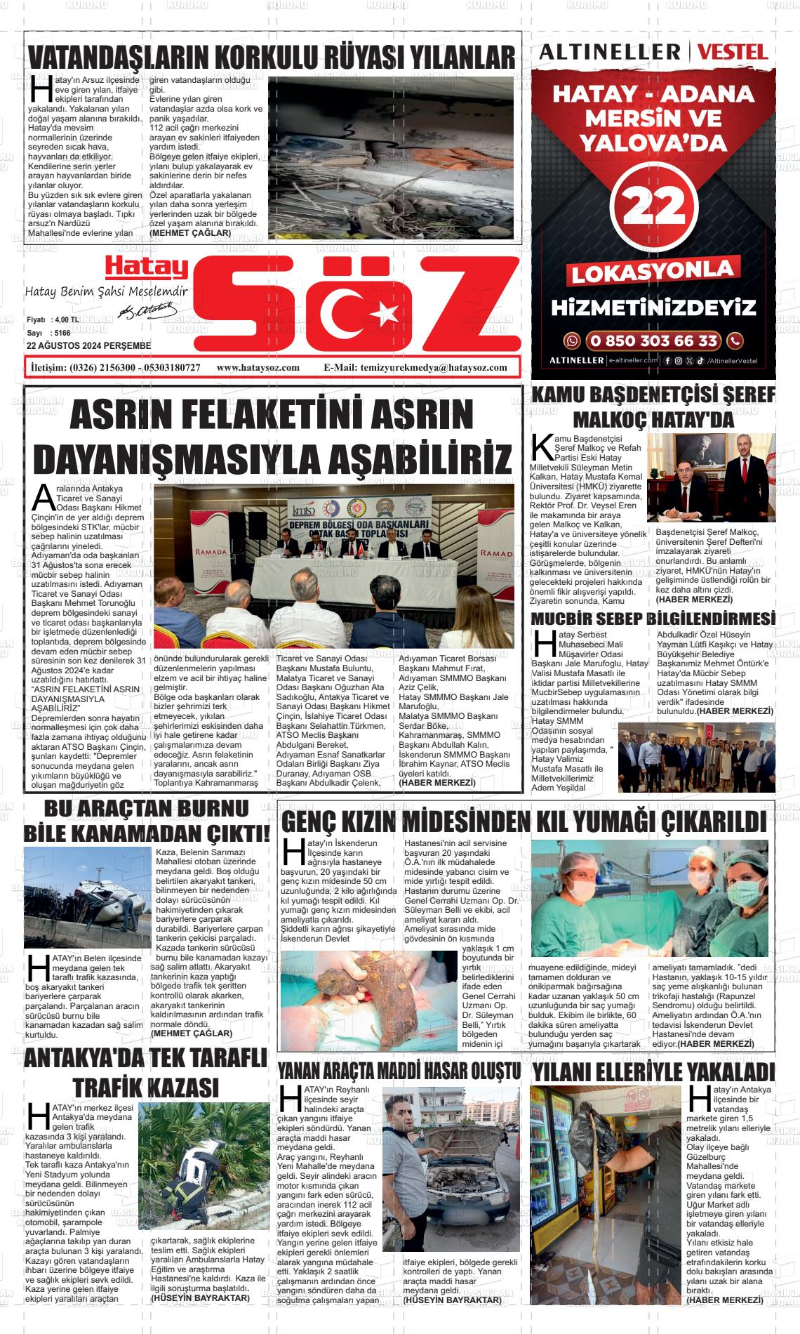 22 Ağustos 2024 Hatay Söz Gazete Manşeti