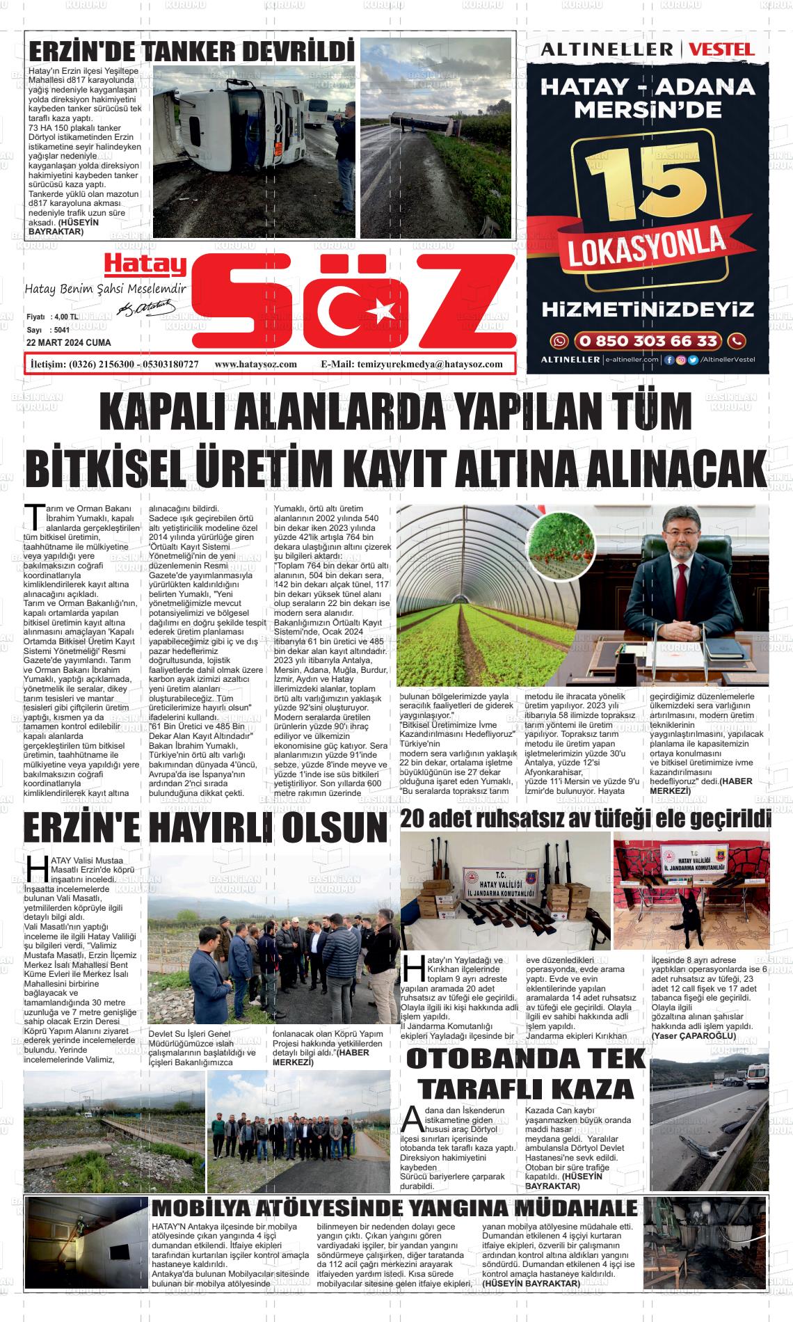 22 Mart 2024 Hatay Söz Gazete Manşeti