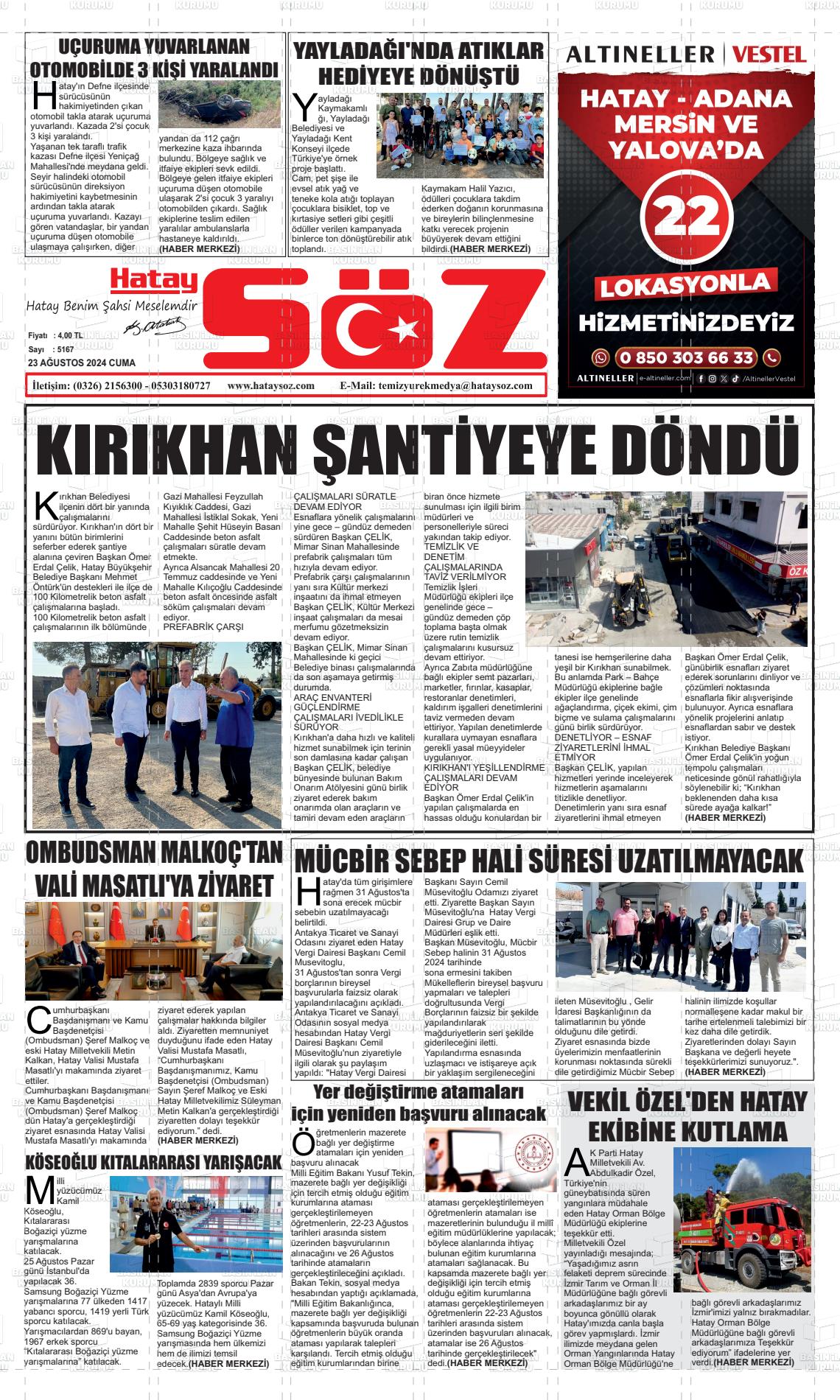 23 Ağustos 2024 Hatay Söz Gazete Manşeti