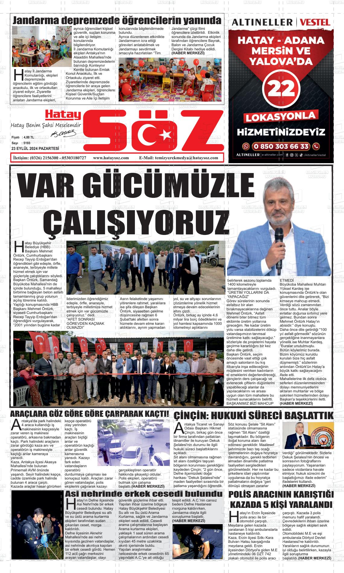 23 Eylül 2024 Hatay Söz Gazete Manşeti