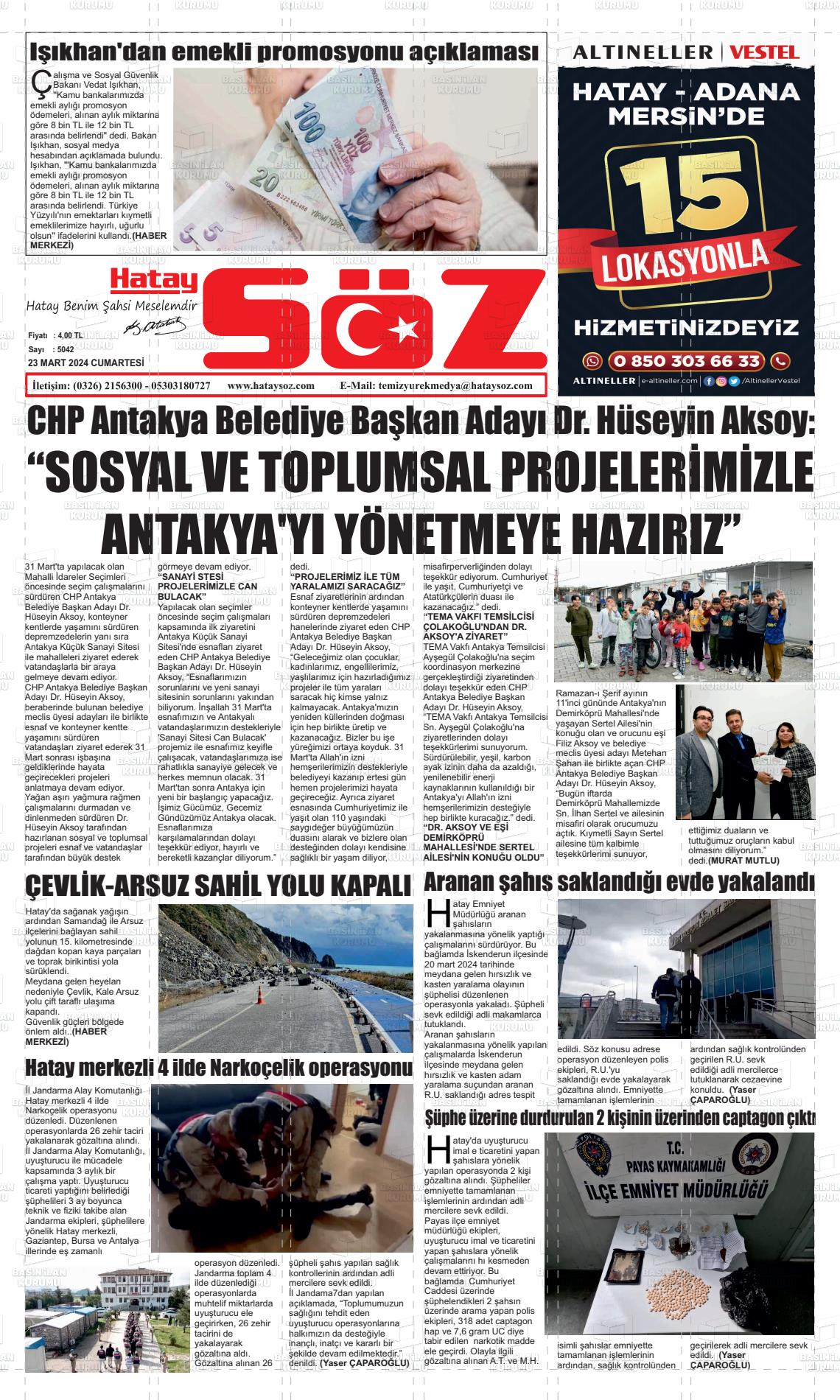 23 Mart 2024 Hatay Söz Gazete Manşeti