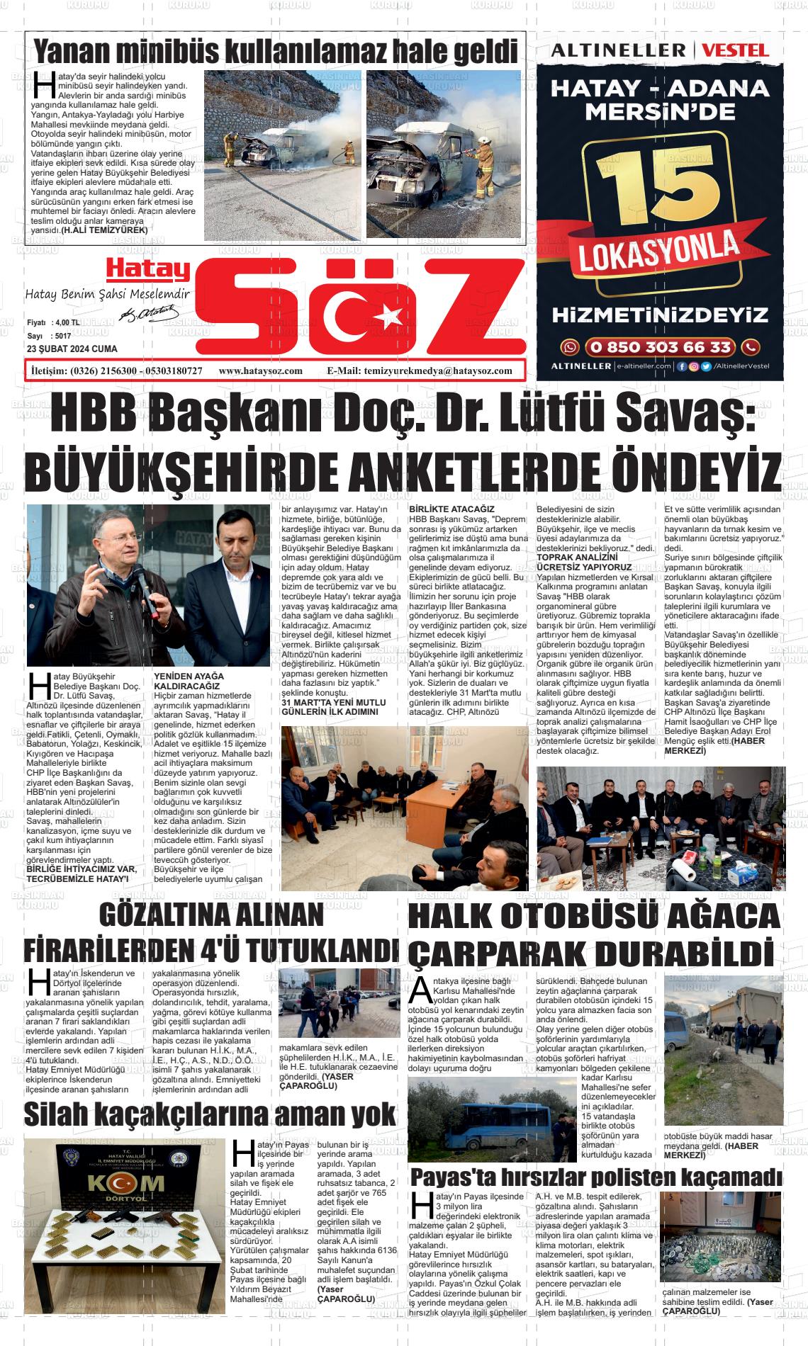 23 Şubat 2024 Hatay Söz Gazete Manşeti