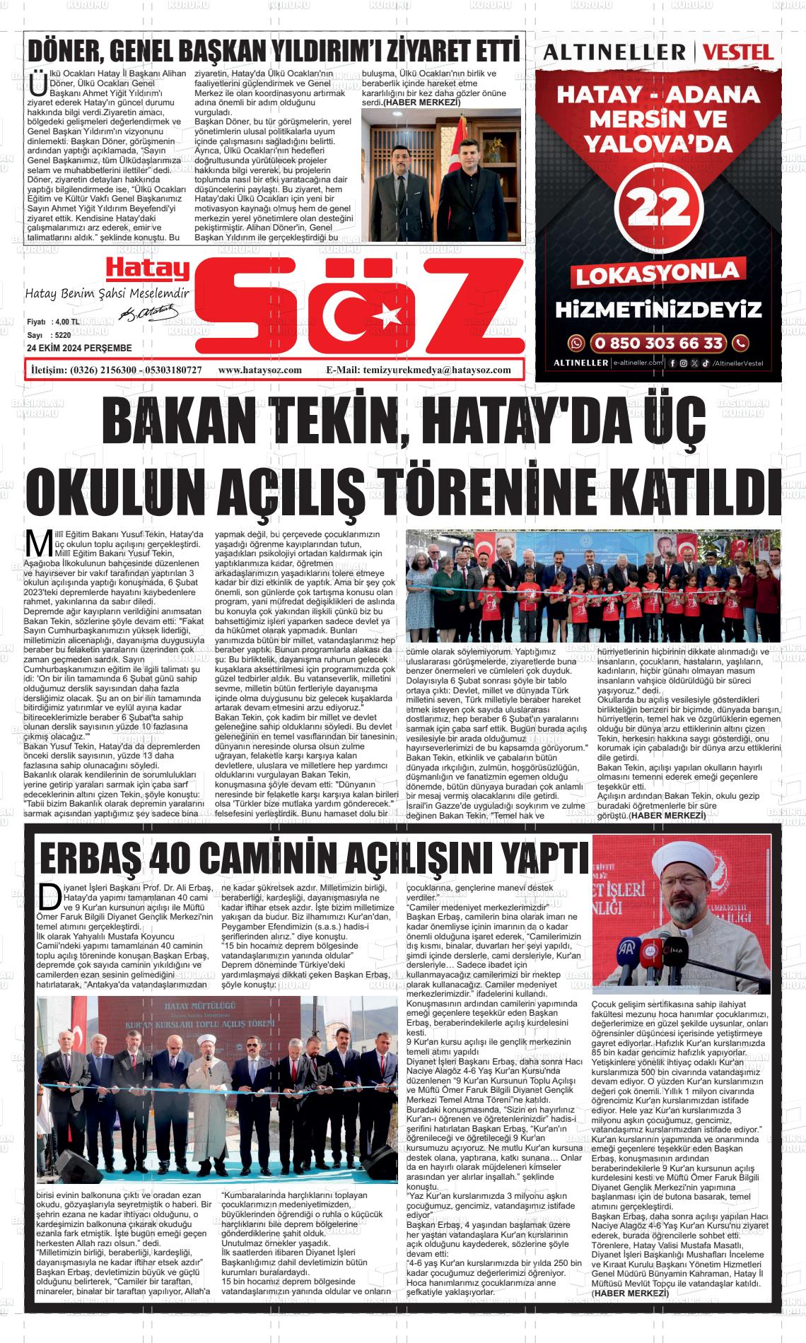 24 Ekim 2024 Hatay Söz Gazete Manşeti