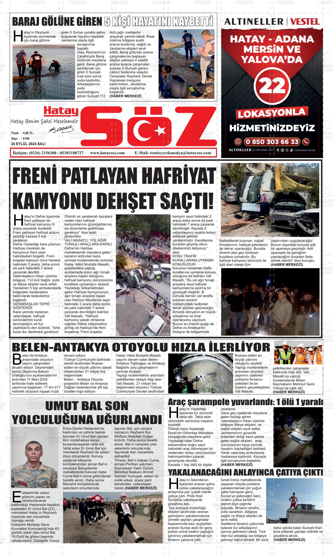 24 Eylül 2024 Hatay Söz Gazete Manşeti