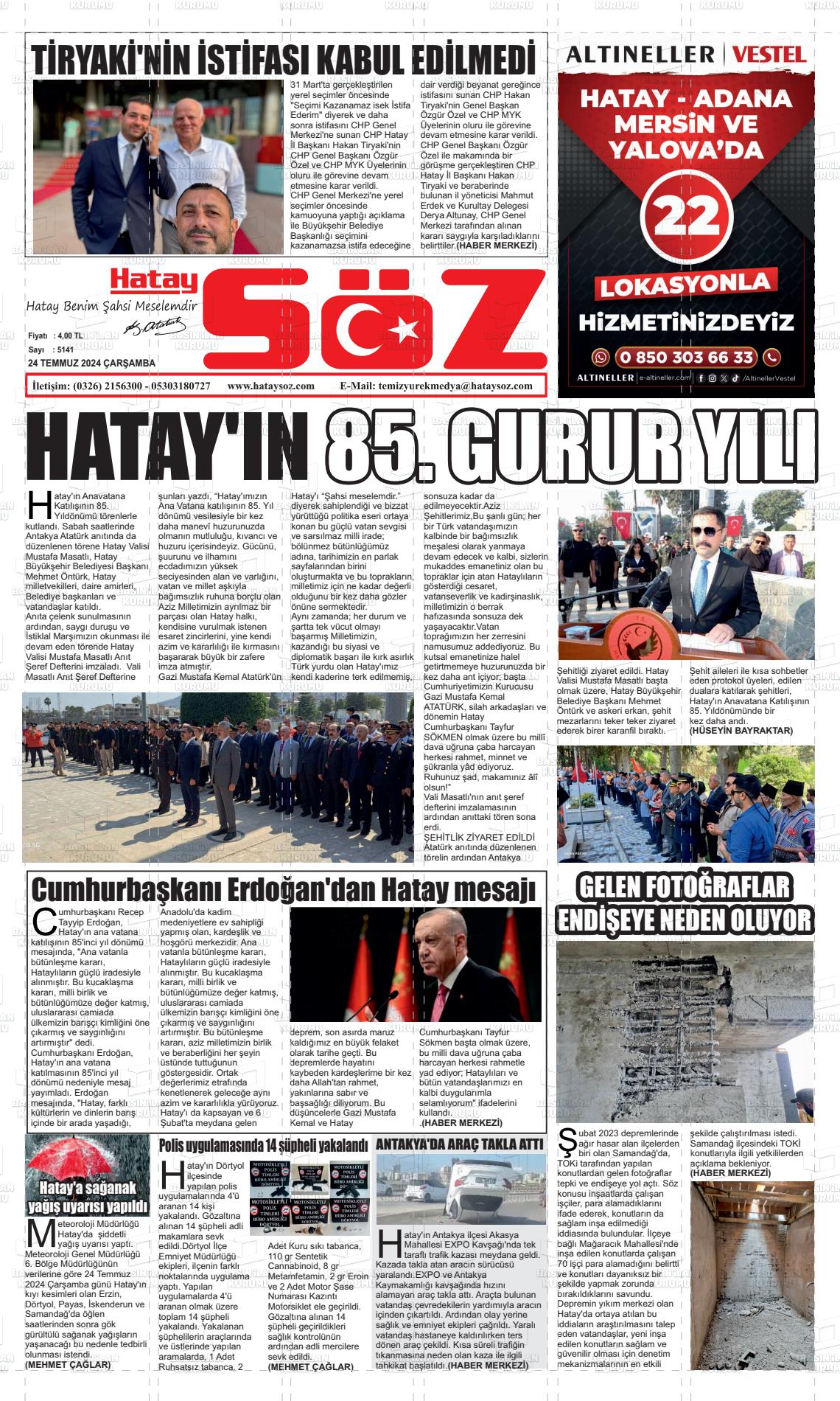 24 Temmuz 2024 Hatay Söz Gazete Manşeti