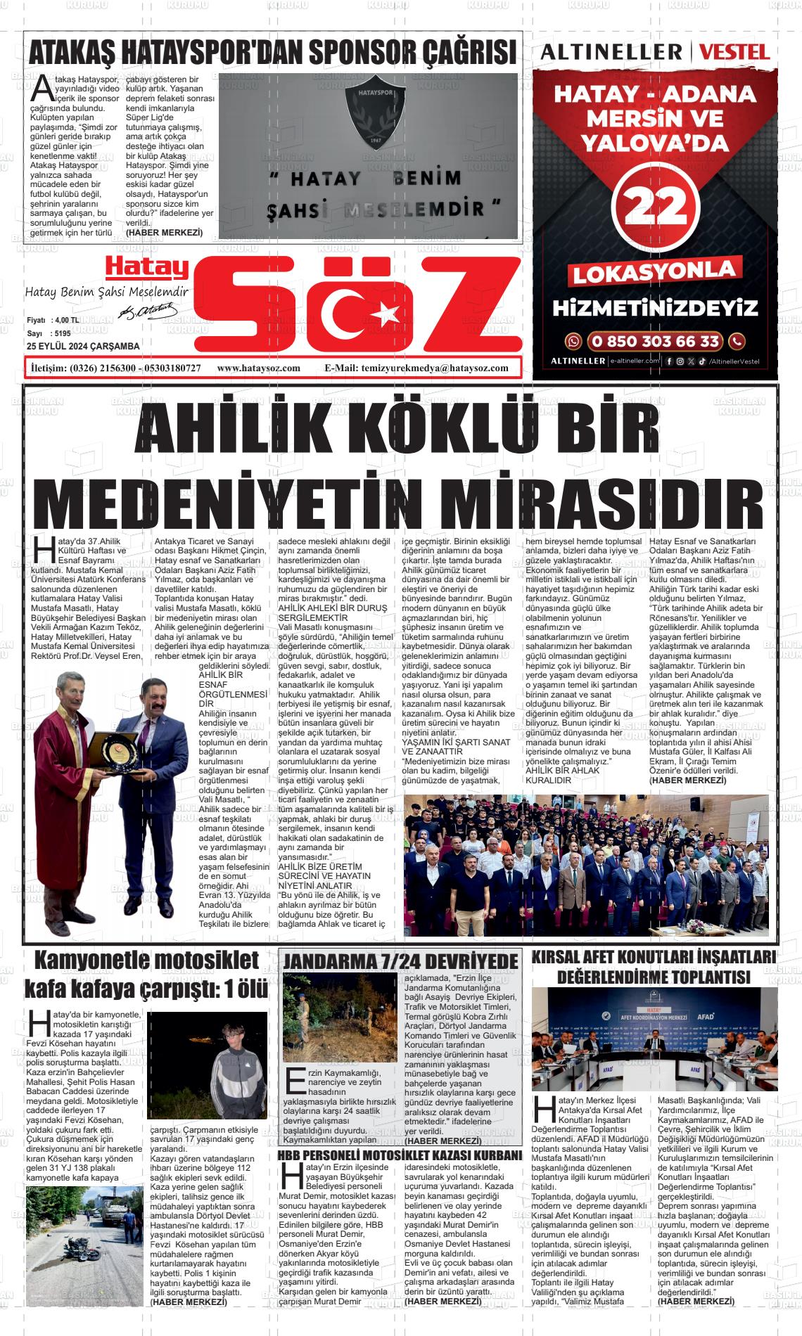 25 Eylül 2024 Hatay Söz Gazete Manşeti